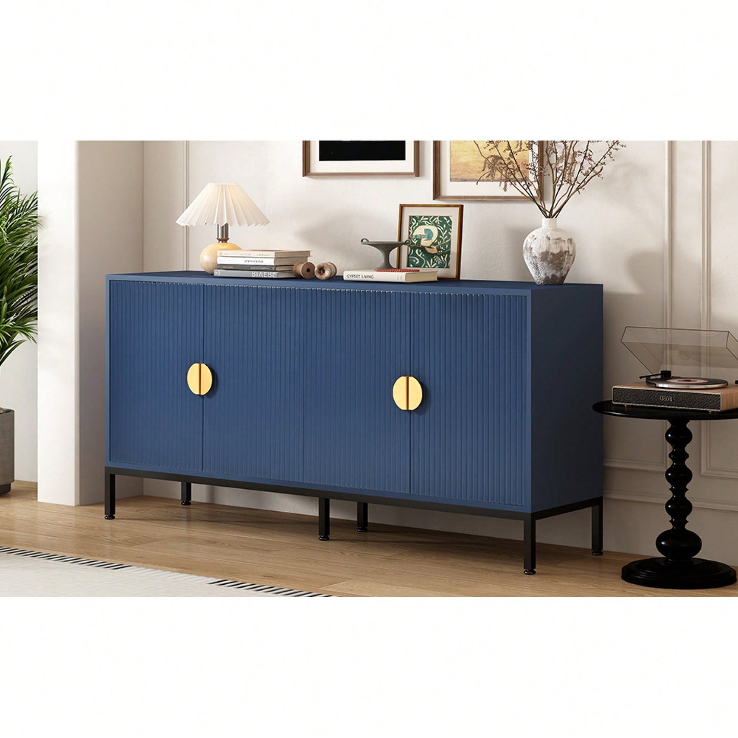 Elegant Vertical-Striped Four-Door Sideboard With Durable Metal Legs And Semi-Circular Handles For Study Entryway And Living Room
