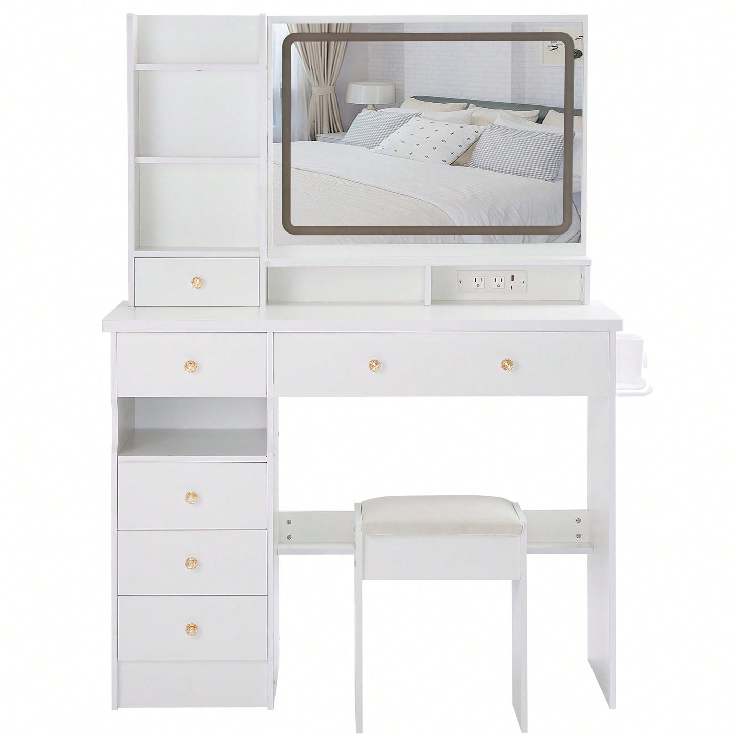 Large Vanity Table Set with Cushioned Stool, 2 AC Outlets, 2 USB Ports, Touch Control LED Mirror, 3 Color Switch, Hair Dryer Stand
