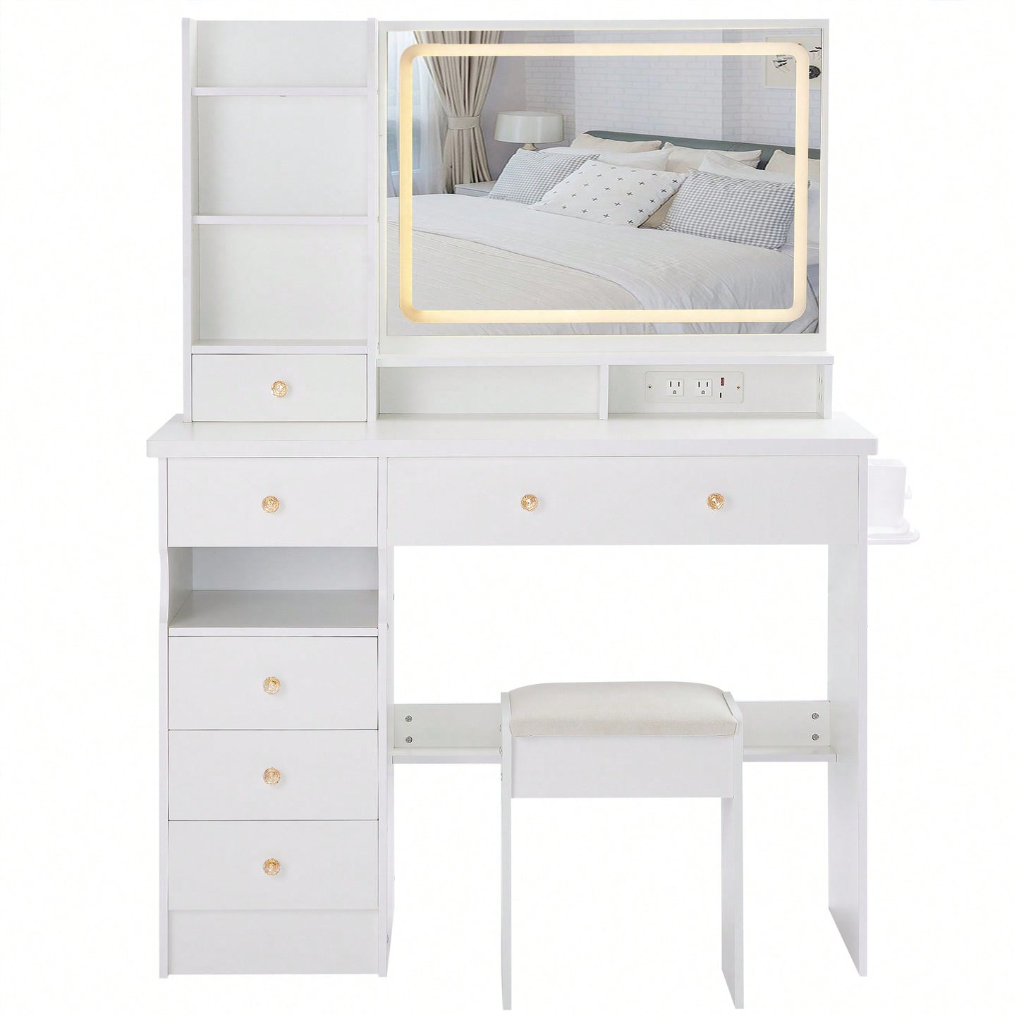 Large Vanity Table Set with Cushioned Stool, 2 AC Outlets, 2 USB Ports, Touch Control LED Mirror, 3 Color Switch, Hair Dryer Stand