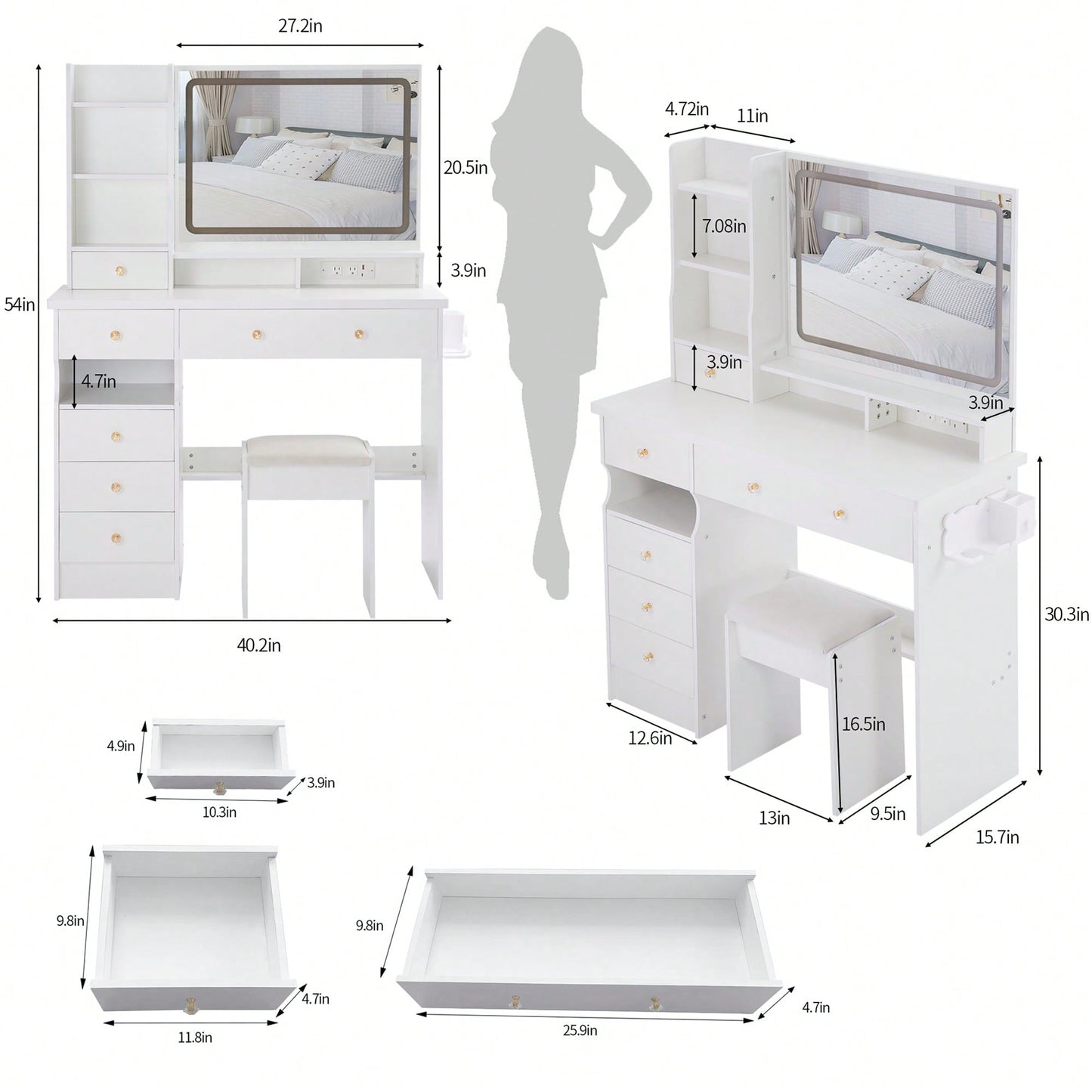 Large Vanity Table Set with Cushioned Stool, 2 AC Outlets, 2 USB Ports, Touch Control LED Mirror, 3 Color Switch, Hair Dryer Stand