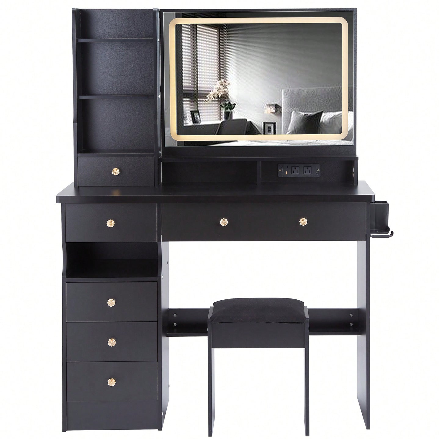 Large Vanity Table Set with Cushioned Stool, 2 AC Outlets, 2 USB Ports, Touch Control LED Mirror, 3 Color Switch, Hair Dryer Stand