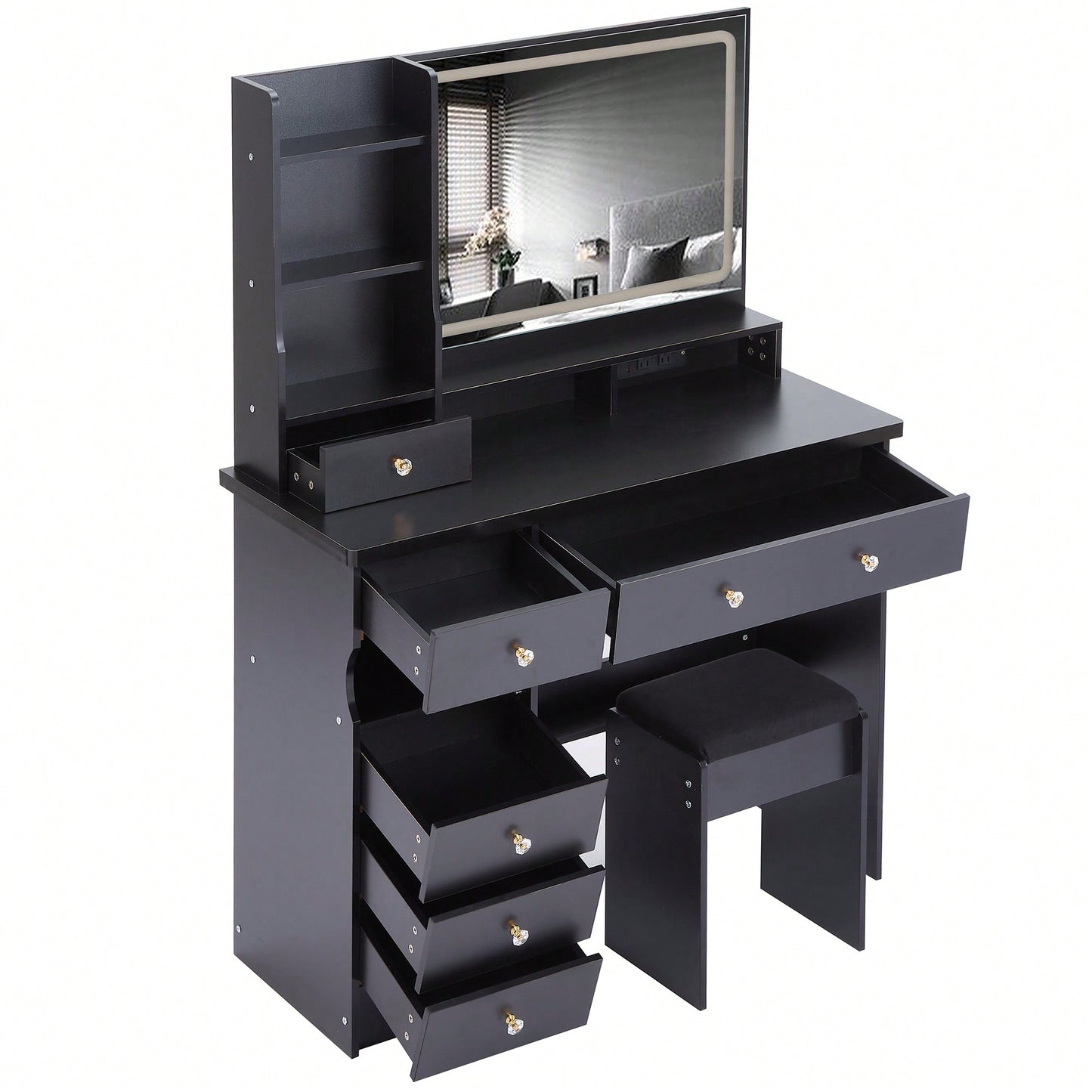 Large Vanity Table Set with Cushioned Stool, 2 AC Outlets, 2 USB Ports, Touch Control LED Mirror, 3 Color Switch, Hair Dryer Stand