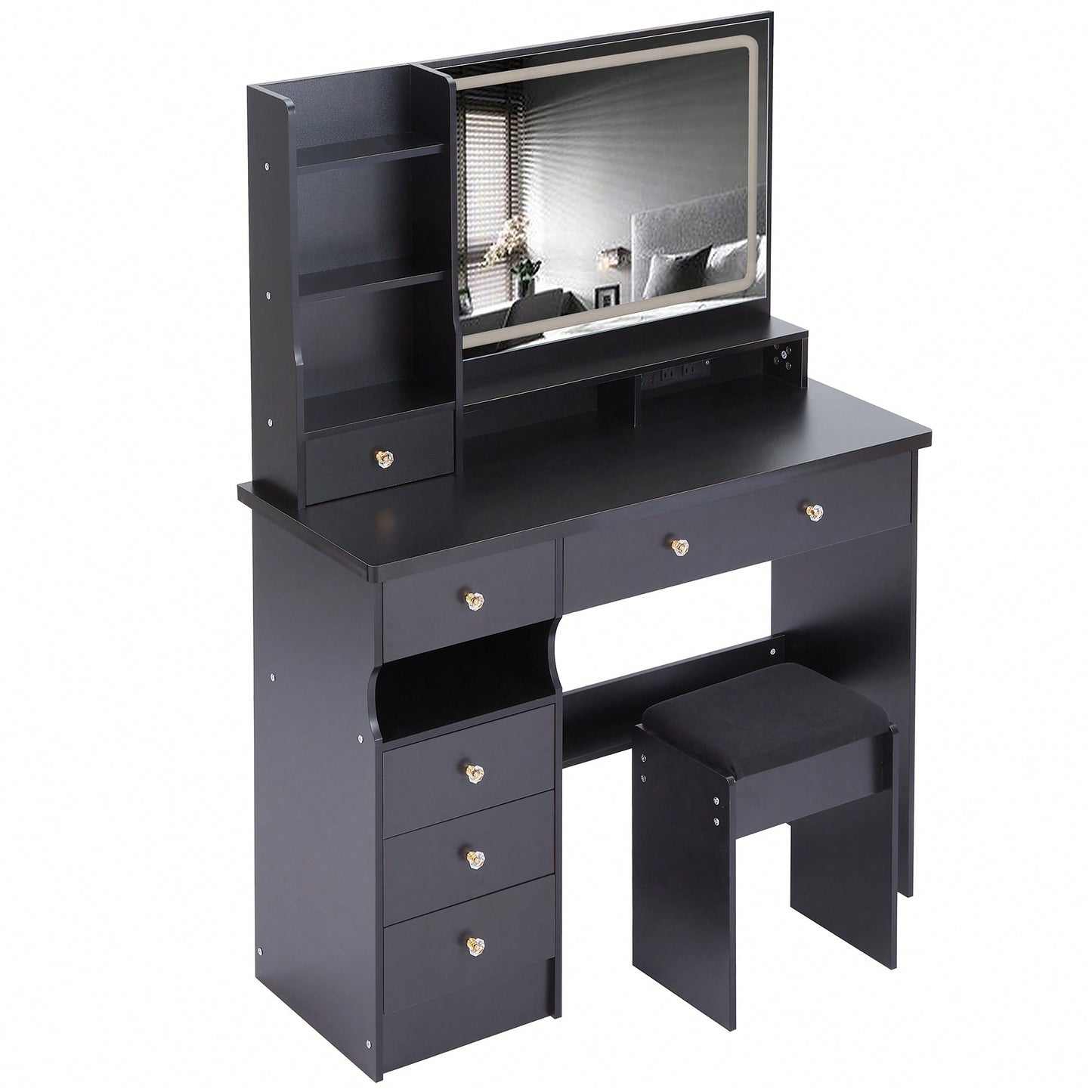 Large Vanity Table Set with Cushioned Stool, 2 AC Outlets, 2 USB Ports, Touch Control LED Mirror, 3 Color Switch, Hair Dryer Stand