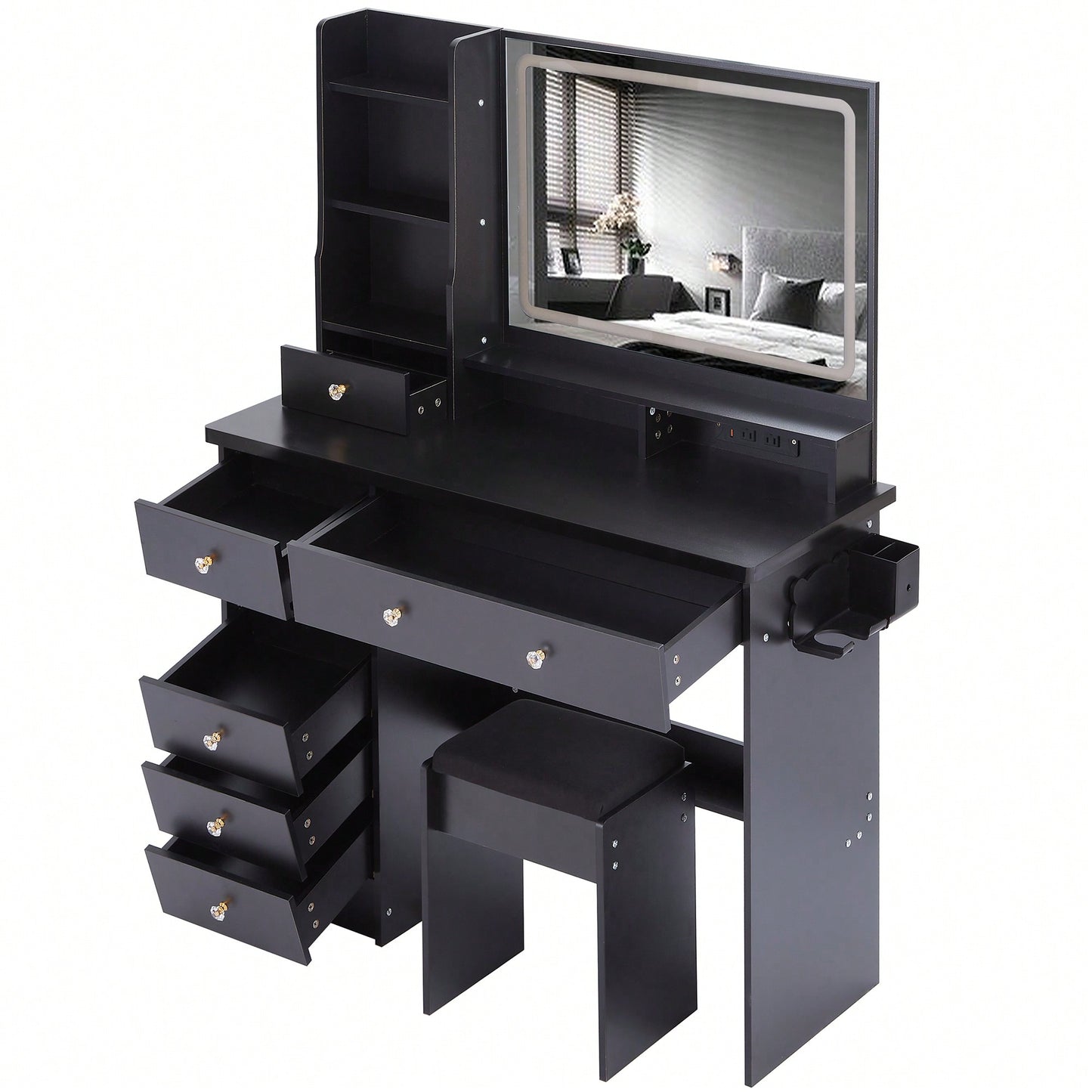 Large Vanity Table Set with Cushioned Stool, 2 AC Outlets, 2 USB Ports, Touch Control LED Mirror, 3 Color Switch, Hair Dryer Stand