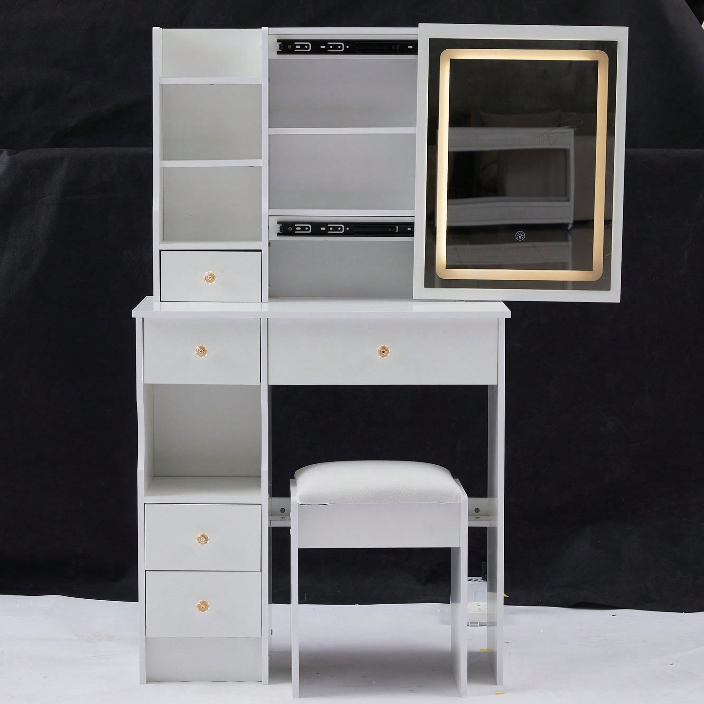 Compact Touch Control LED Mirror Vanity Table With Cushioned Stool Tri-Color Brightness Adjustable Multi Layer Design For Small Spaces