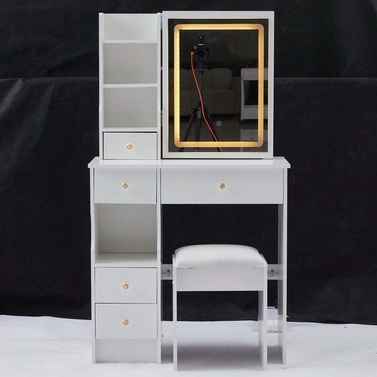 Compact Touch Control LED Mirror Vanity Table With Cushioned Stool Tri-Color Brightness Adjustable Multi Layer Design For Small Spaces