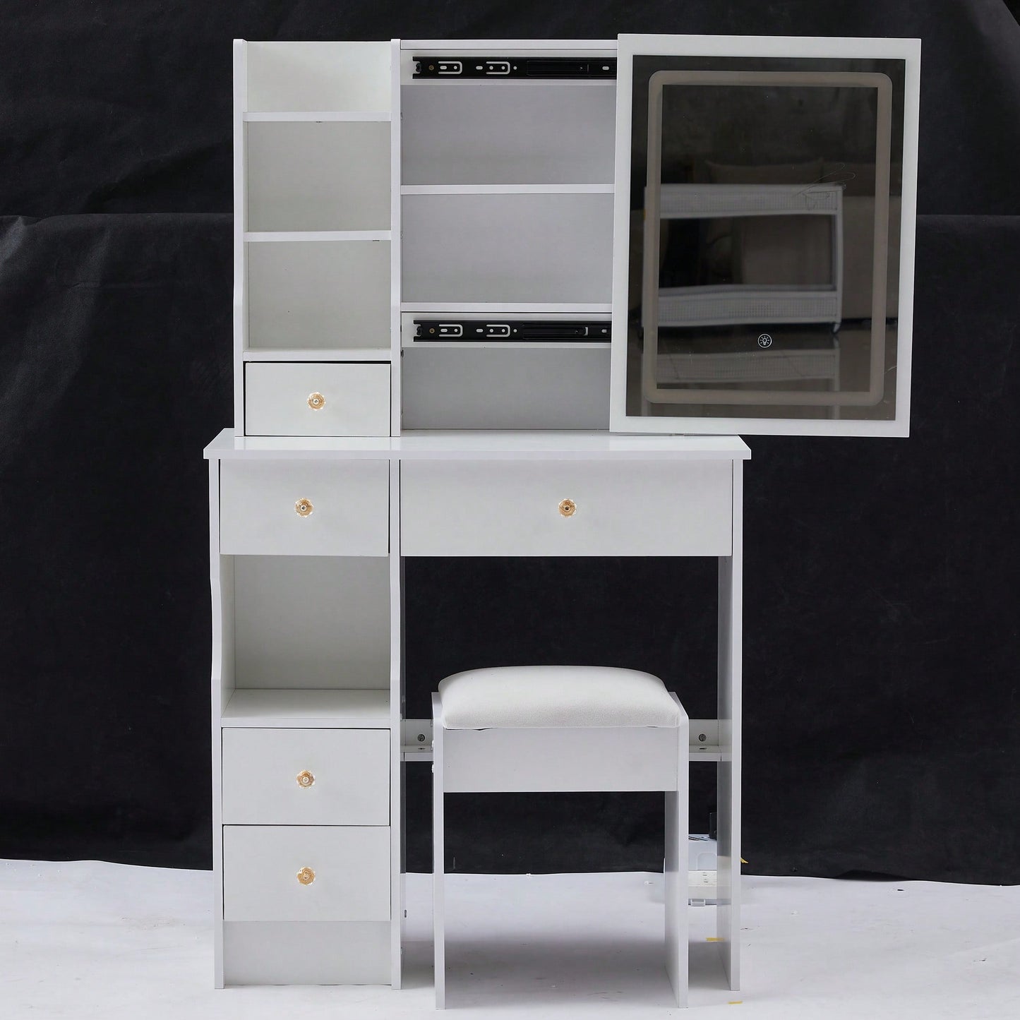 Compact Touch Control LED Mirror Vanity Table With Cushioned Stool Tri-Color Brightness Adjustable Multi Layer Design For Small Spaces