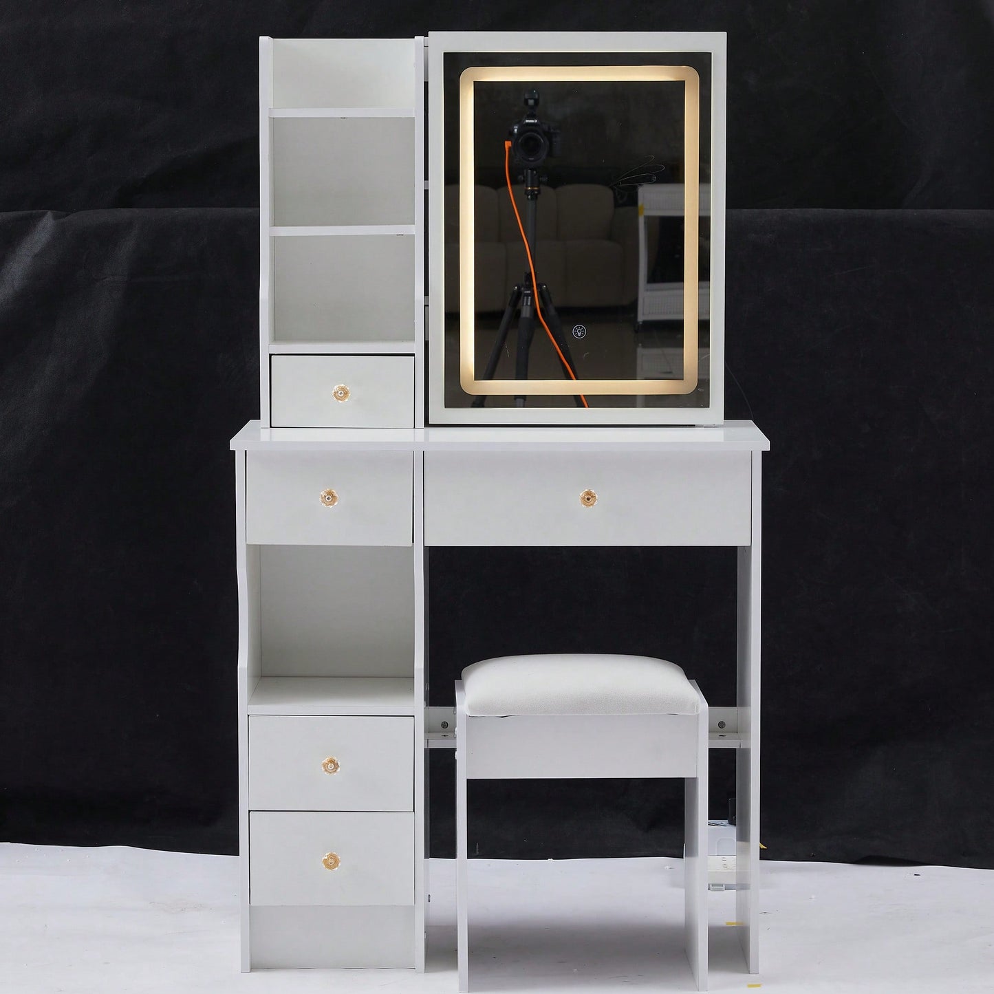 Compact Touch Control LED Mirror Vanity Table With Cushioned Stool Tri-Color Brightness Adjustable Multi Layer Design For Small Spaces