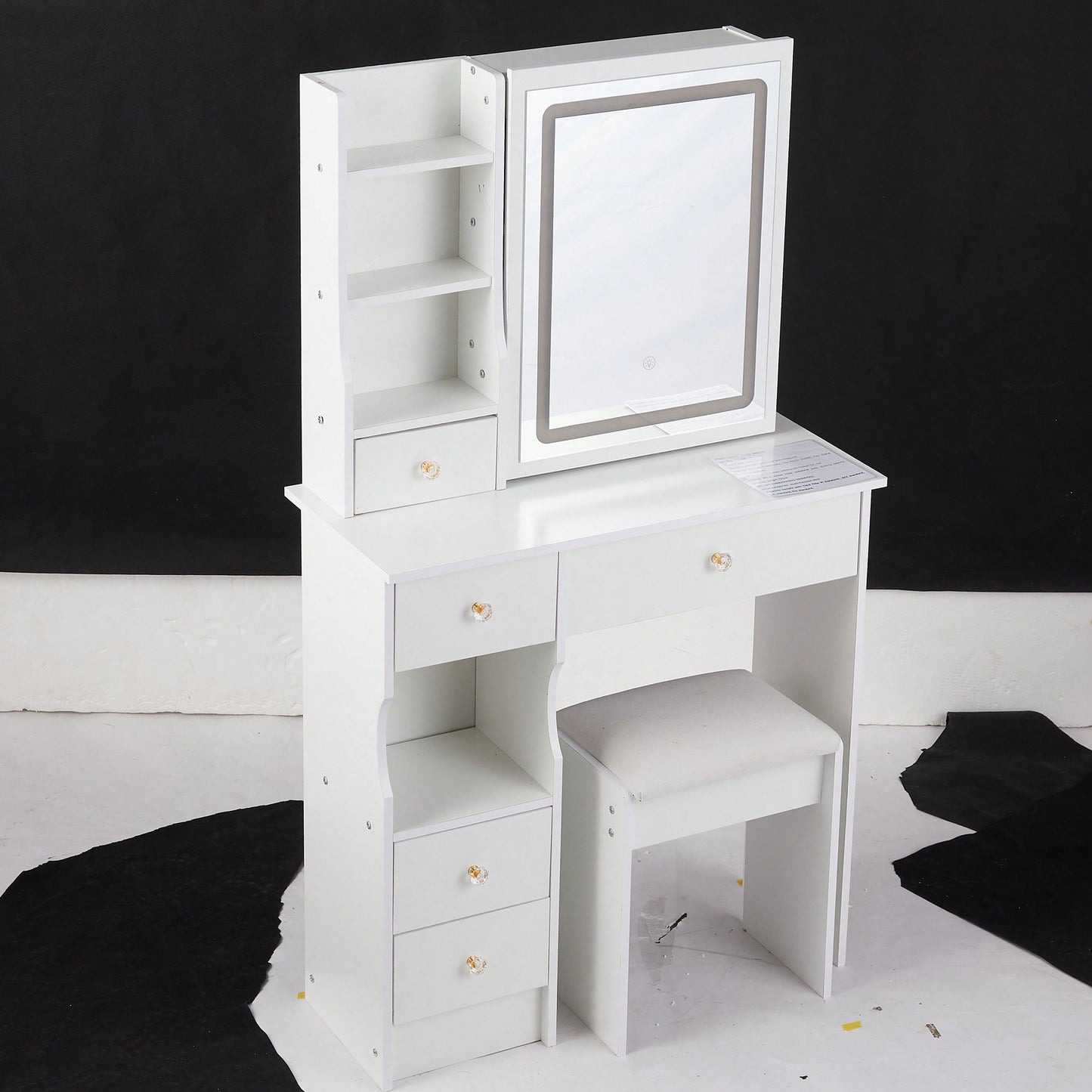 Compact Touch Control LED Mirror Vanity Table With Cushioned Stool Tri-Color Brightness Adjustable Multi Layer Design For Small Spaces