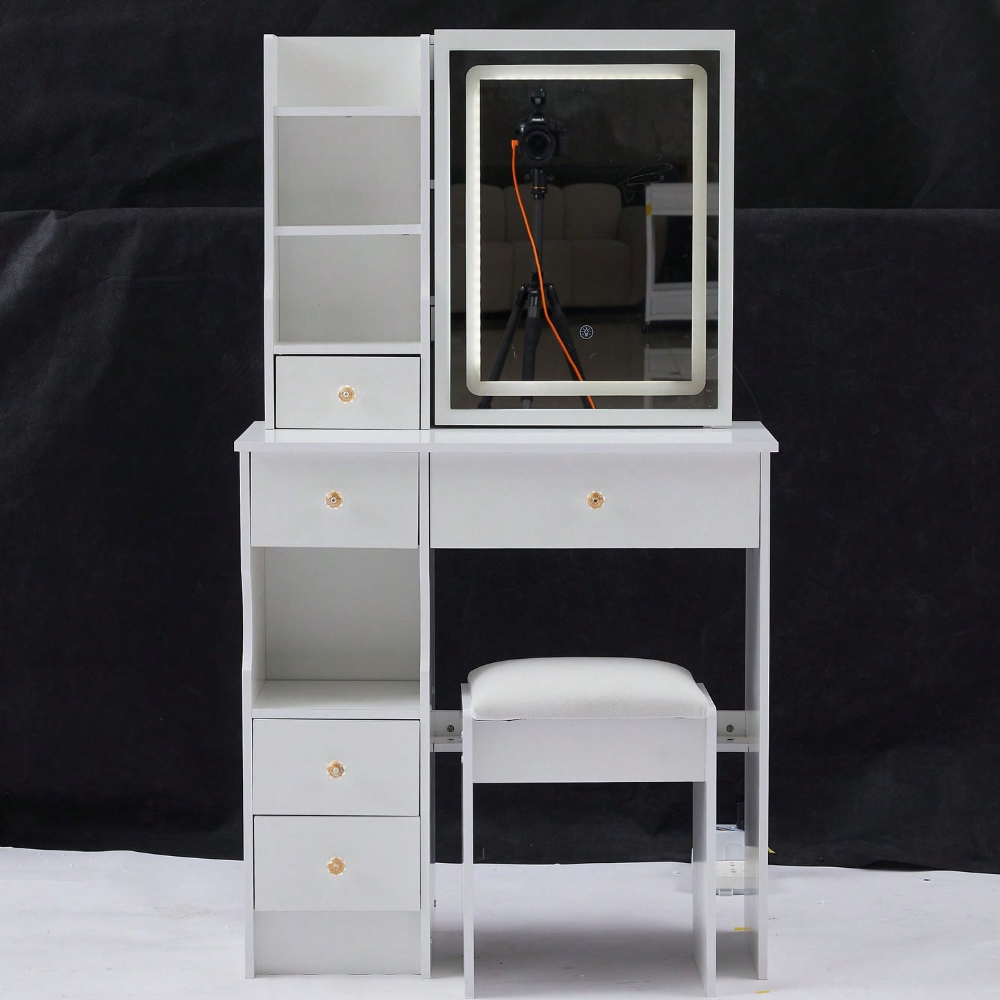 Compact Touch Control LED Mirror Vanity Table With Cushioned Stool Tri-Color Brightness Adjustable Multi Layer Design For Small Spaces