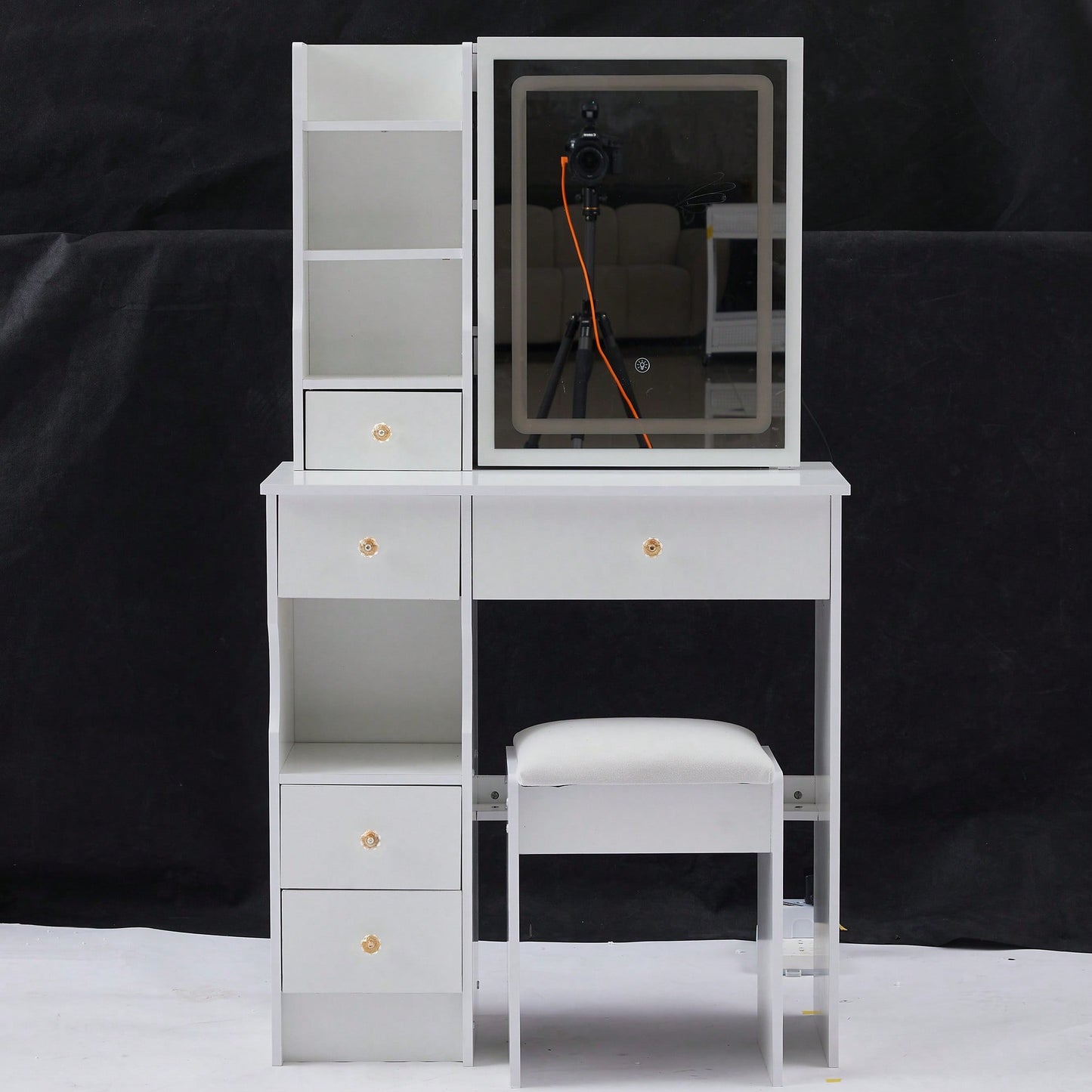 Compact Touch Control LED Mirror Vanity Table With Cushioned Stool Tri-Color Brightness Adjustable Multi Layer Design For Small Spaces