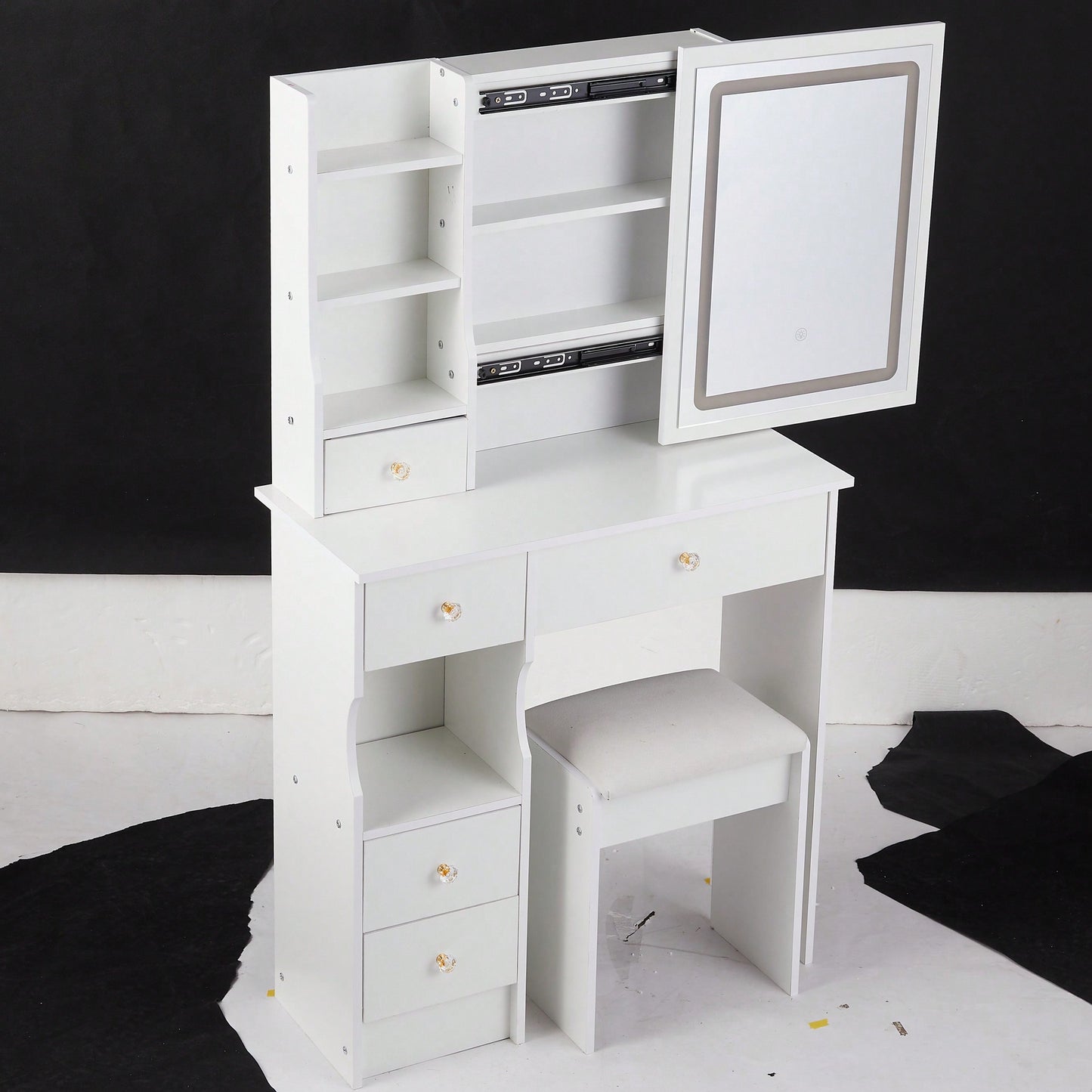 Compact Touch Control LED Mirror Vanity Table With Cushioned Stool Tri-Color Brightness Adjustable Multi Layer Design For Small Spaces