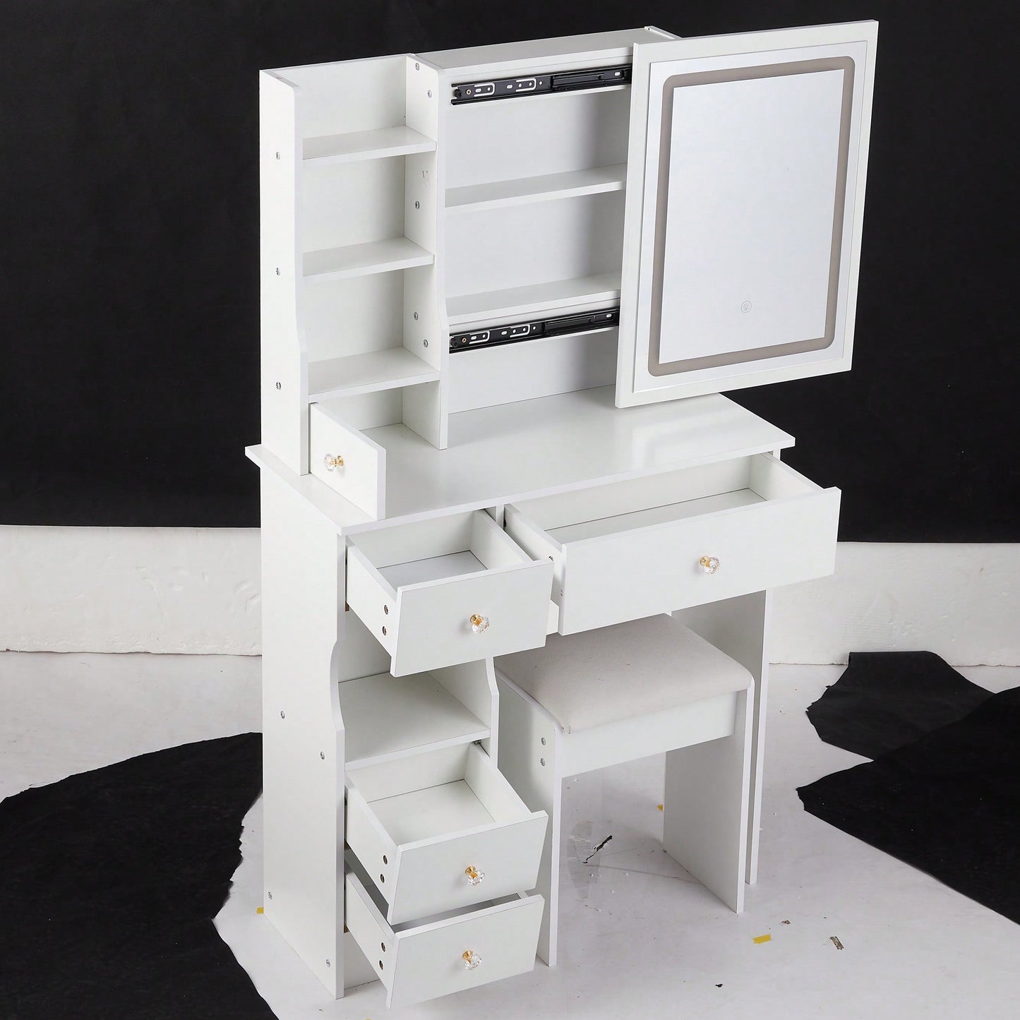 Compact Touch Control LED Mirror Vanity Table With Cushioned Stool Tri-Color Brightness Adjustable Multi Layer Design For Small Spaces