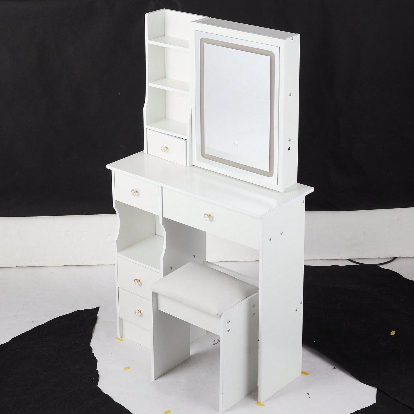 Compact Touch Control LED Mirror Vanity Table With Cushioned Stool Tri-Color Brightness Adjustable Multi Layer Design For Small Spaces