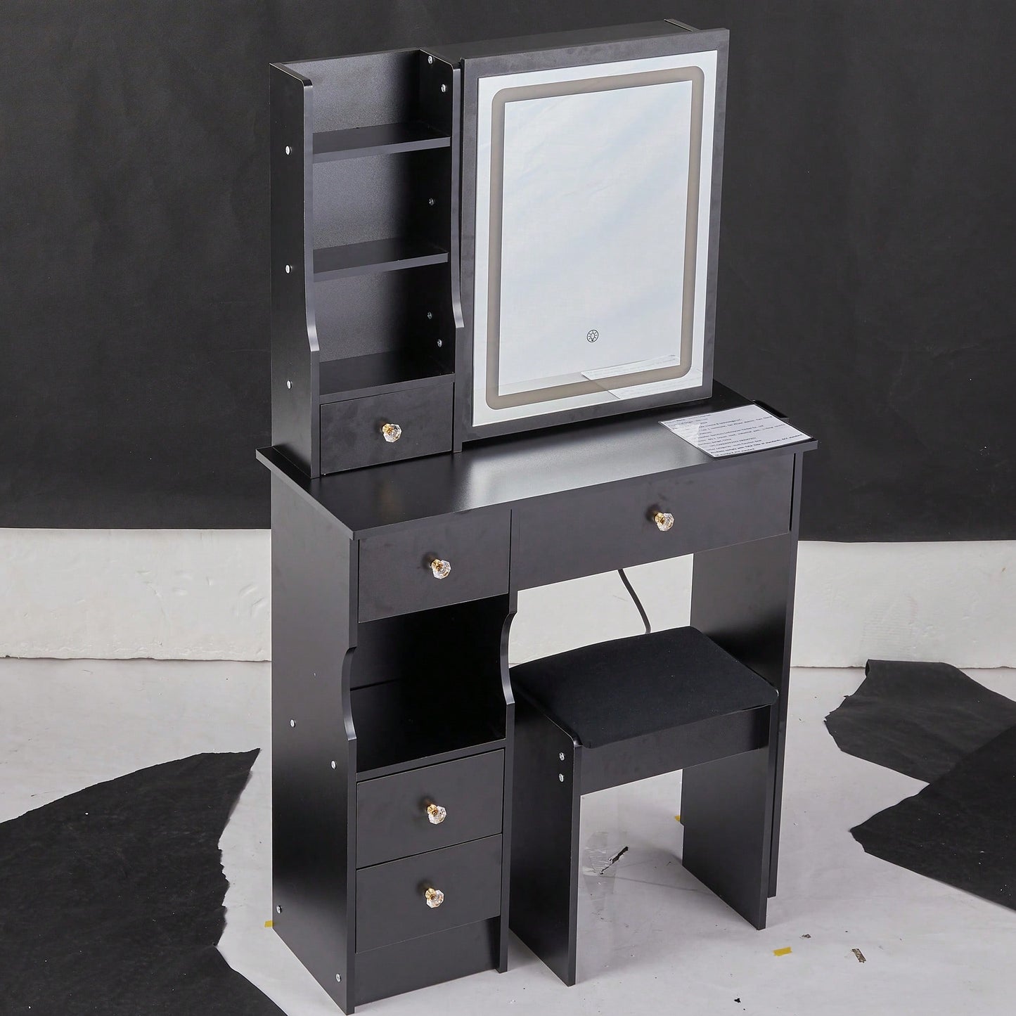 Compact Touch Control LED Mirror Vanity Table With Cushioned Stool Tri-Color Brightness Adjustable Multi Layer Design For Small Spaces