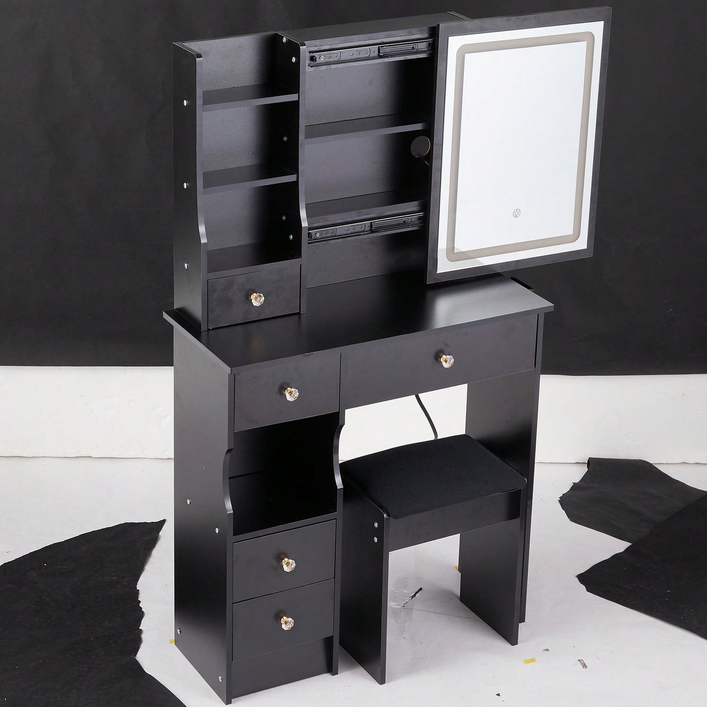 Compact Touch Control LED Mirror Vanity Table With Cushioned Stool Tri-Color Brightness Adjustable Multi Layer Design For Small Spaces