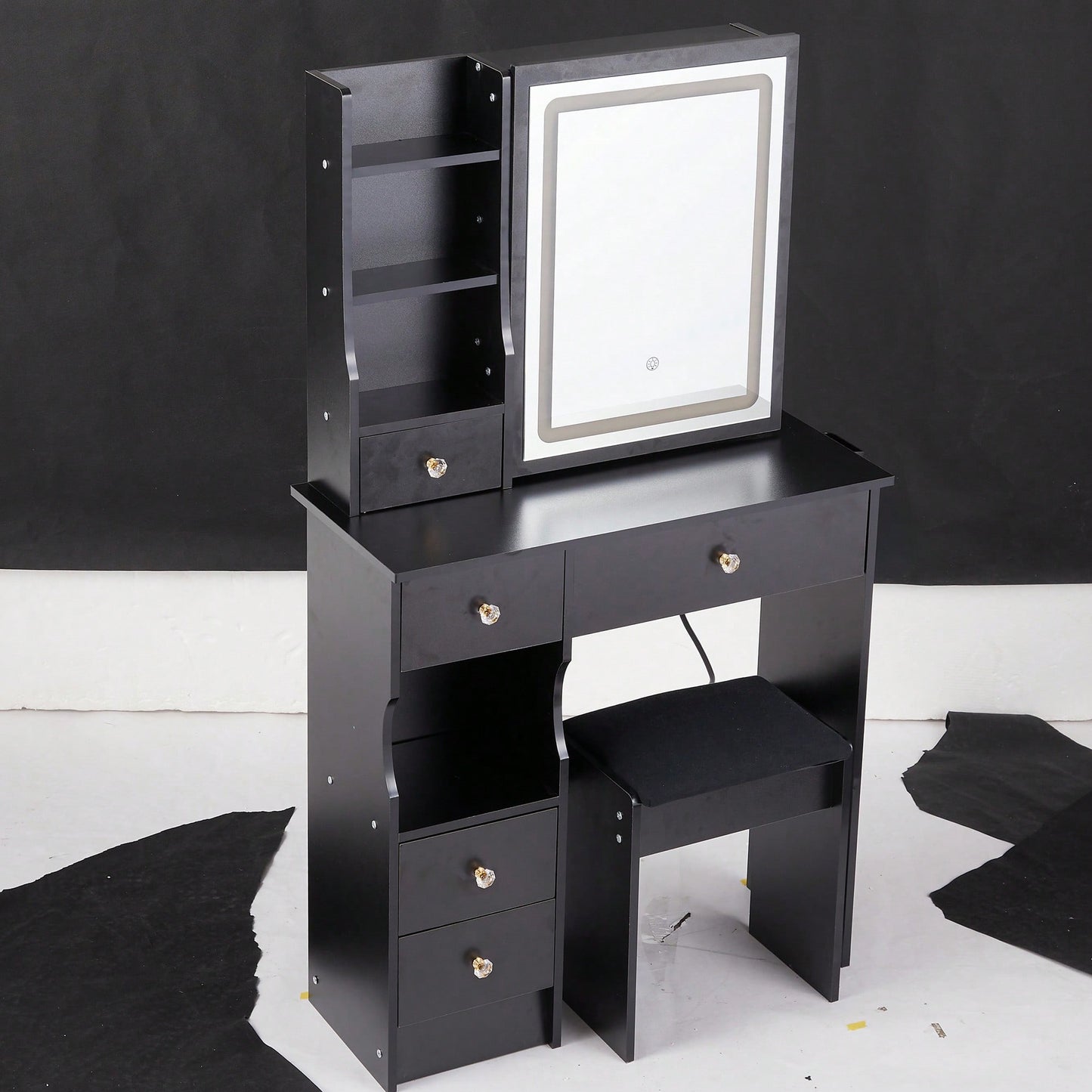 Compact Touch Control LED Mirror Vanity Table With Cushioned Stool Tri-Color Brightness Adjustable Multi Layer Design For Small Spaces