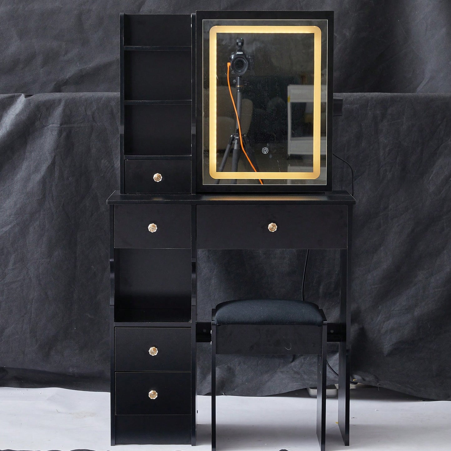 Compact Touch Control LED Mirror Vanity Table With Cushioned Stool Tri-Color Brightness Adjustable Multi Layer Design For Small Spaces
