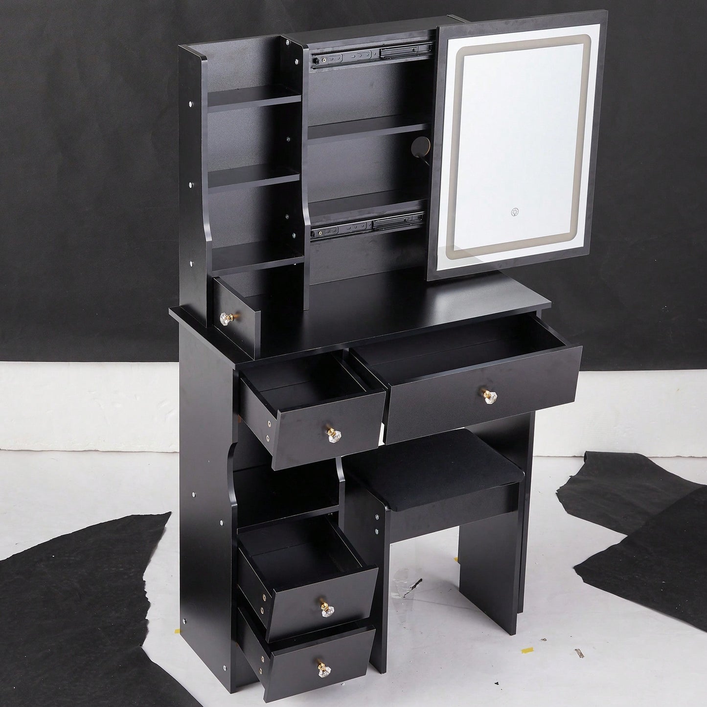 Compact Touch Control LED Mirror Vanity Table With Cushioned Stool Tri-Color Brightness Adjustable Multi Layer Design For Small Spaces