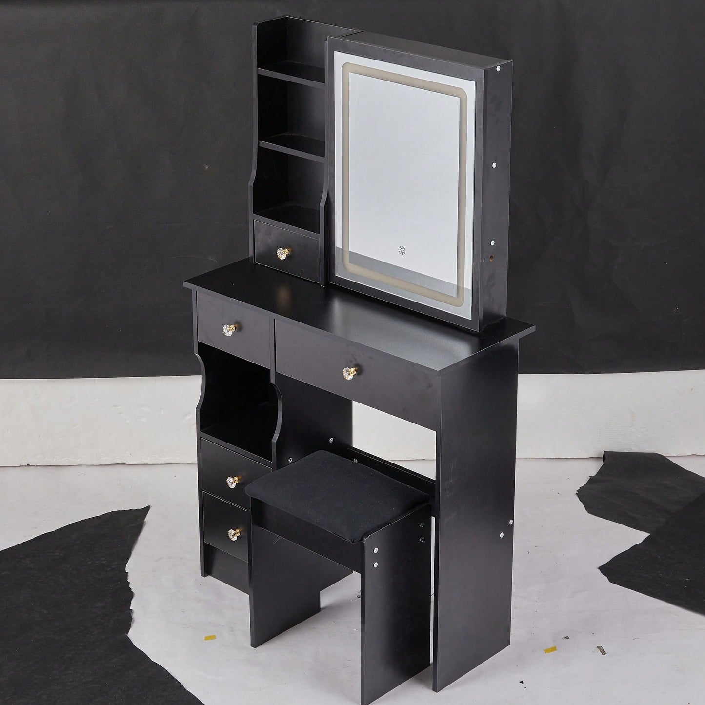 Compact Touch Control LED Mirror Vanity Table With Cushioned Stool Tri-Color Brightness Adjustable Multi Layer Design For Small Spaces