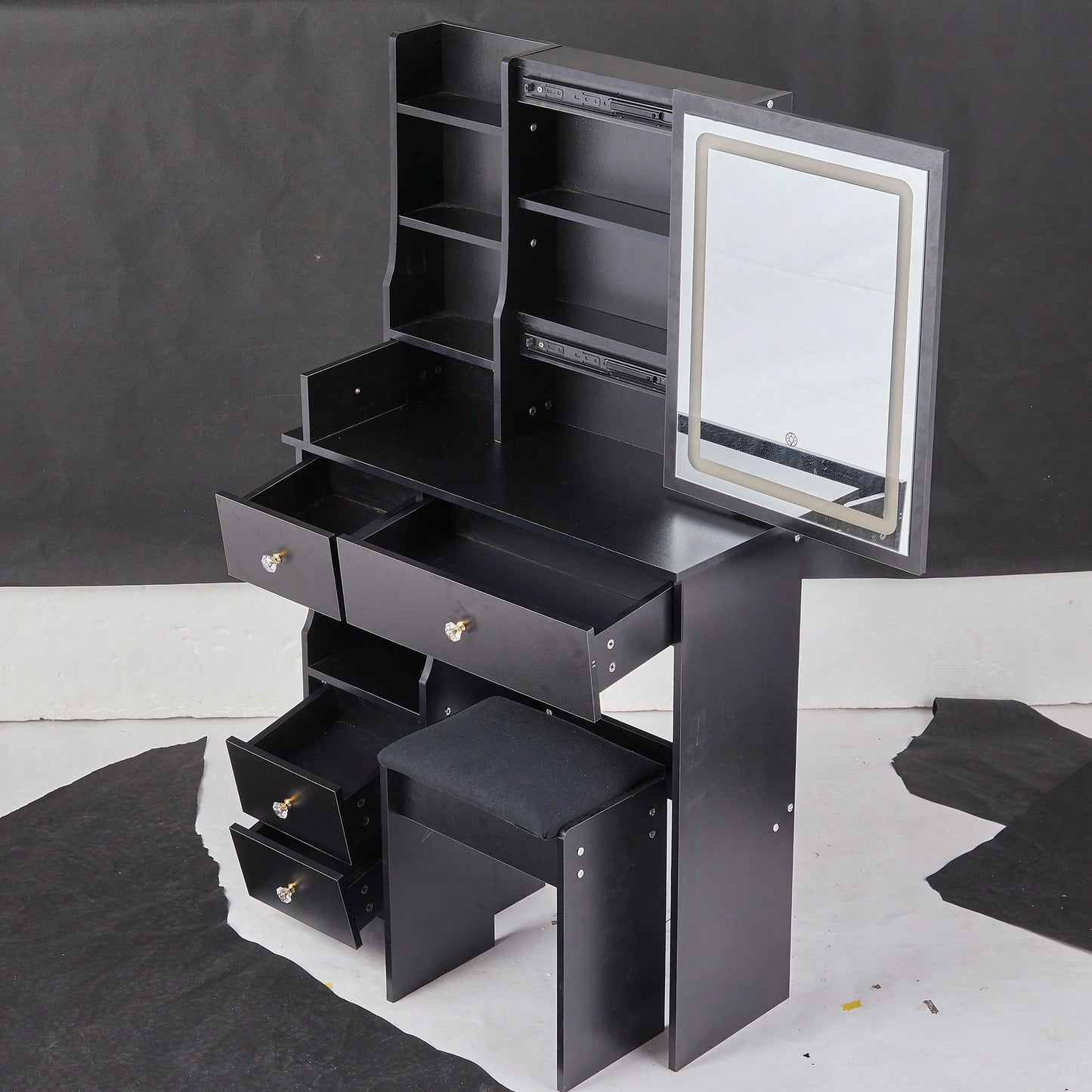 Compact Touch Control LED Mirror Vanity Table With Cushioned Stool Tri-Color Brightness Adjustable Multi Layer Design For Small Spaces