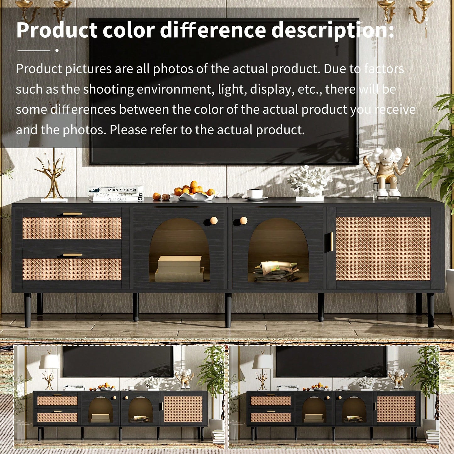 Rattan-Inspired TV Stand with 3 Cabinets and 2 Drawers for TVs Up to 80 Inches LED Light Entertainment Center for Living Room and Bedroom