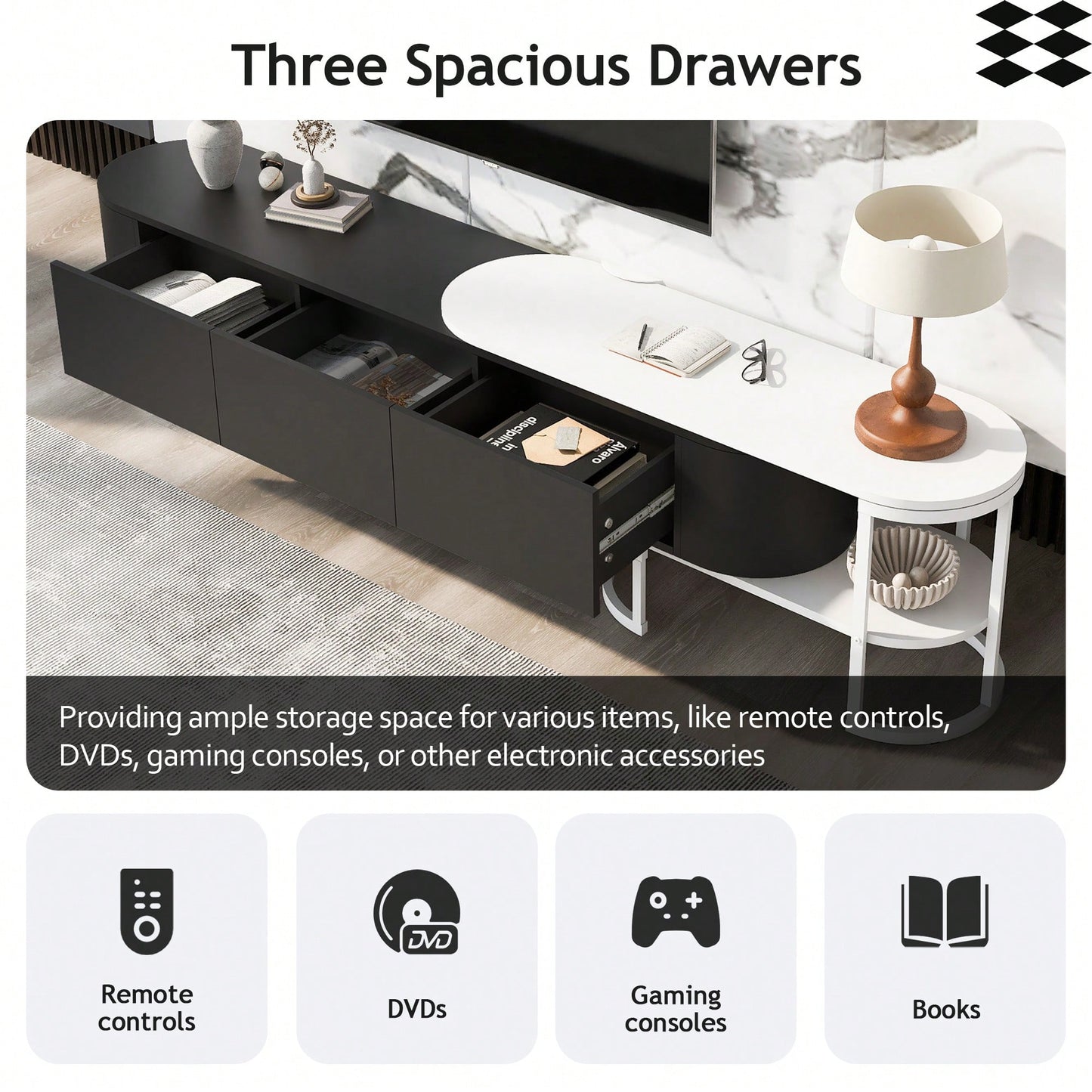 Modern Extendable TV Stand For 75 Inch TVs With 3 Drawers And Adjustable Metal Legs For Living Room Entertainment Center