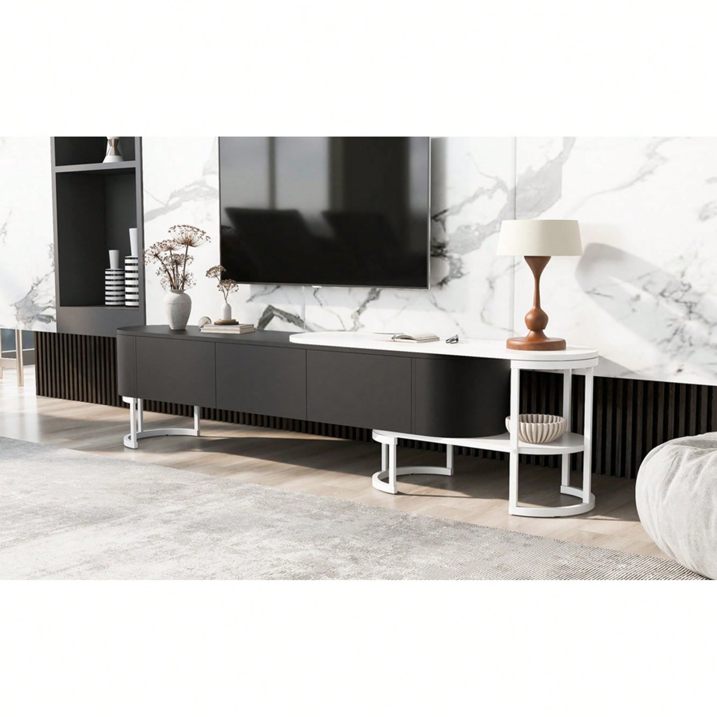 Modern Extendable TV Stand For 75 Inch TVs With 3 Drawers And Adjustable Metal Legs For Living Room Entertainment Center
