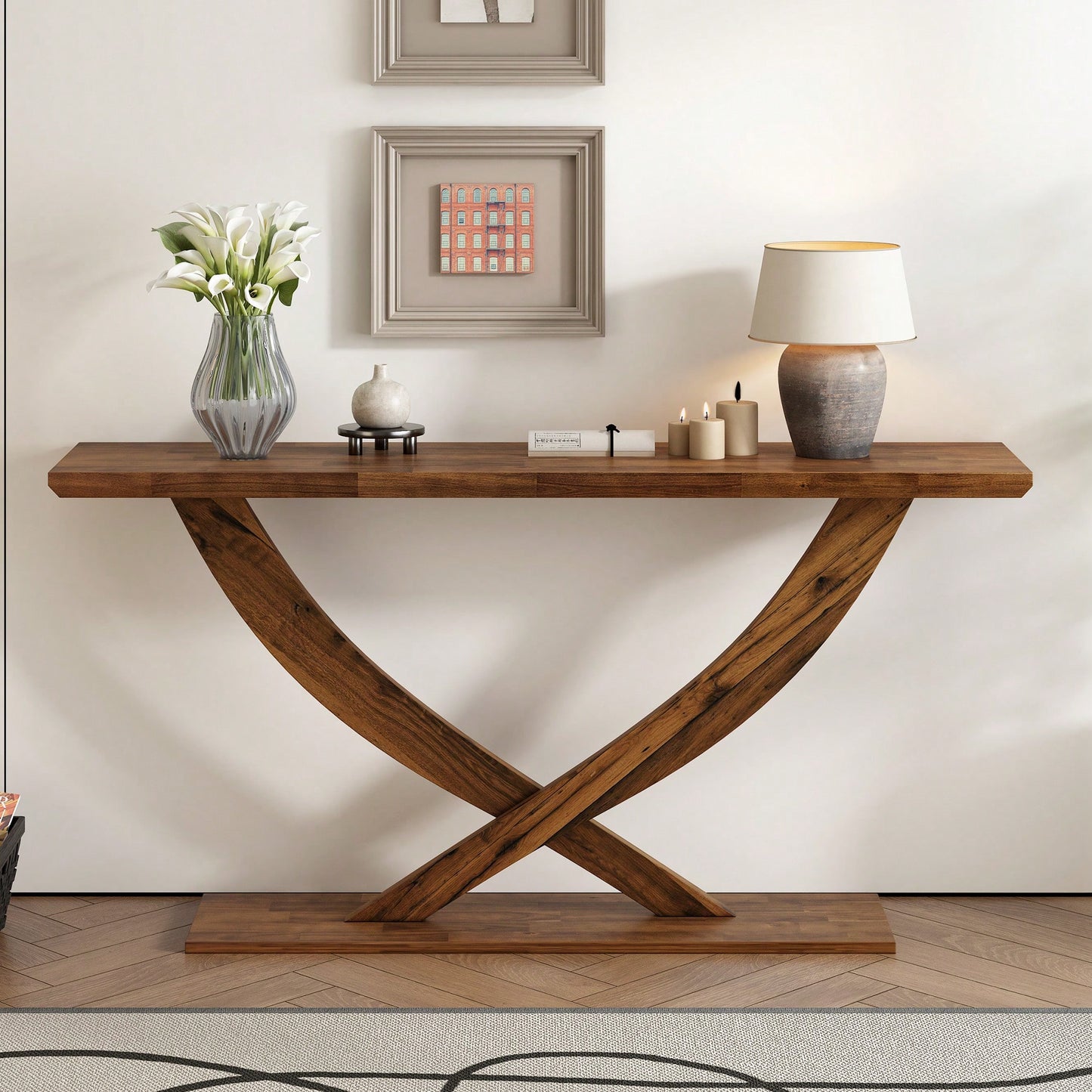 Modern Rustic Cross-Leg Console Table For Living Room Or Bedroom With Sturdy Construction And Ample Surface Space