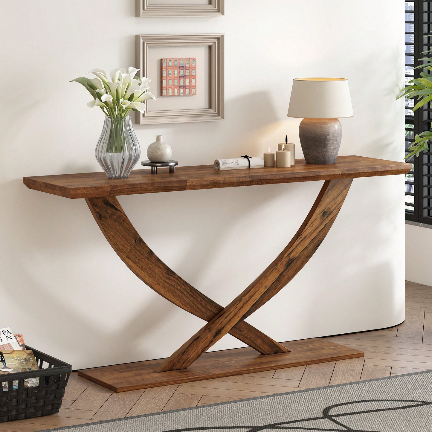Modern Rustic Cross-Leg Console Table For Living Room Or Bedroom With Sturdy Construction And Ample Surface Space