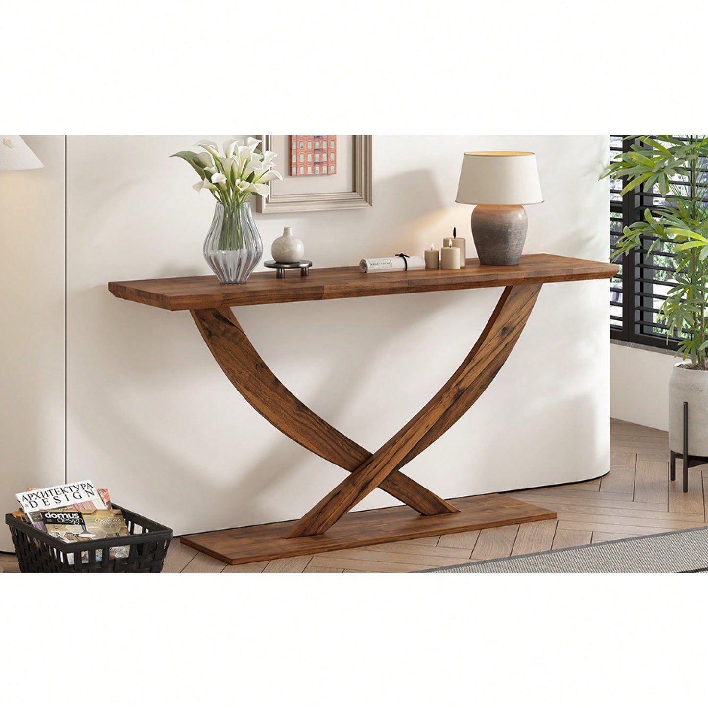 Modern Rustic Cross-Leg Console Table For Living Room Or Bedroom With Sturdy Construction And Ample Surface Space
