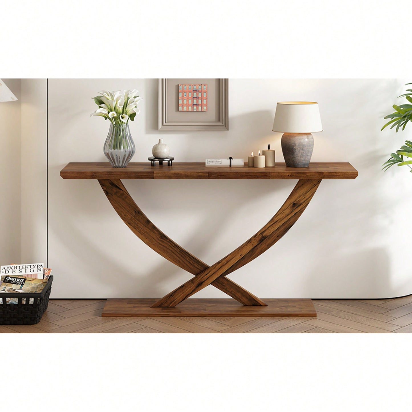 Modern Rustic Cross-Leg Console Table For Living Room Or Bedroom With Sturdy Construction And Ample Surface Space