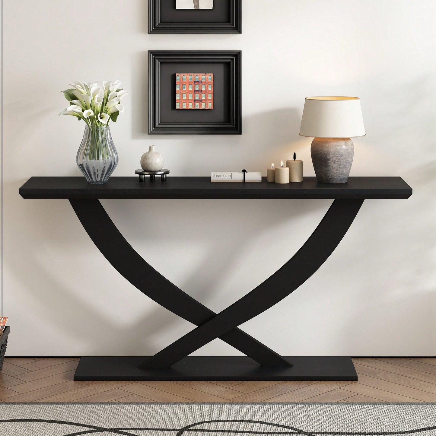Modern Rustic Cross-Leg Console Table For Living Room Or Bedroom With Sturdy Construction And Ample Surface Space