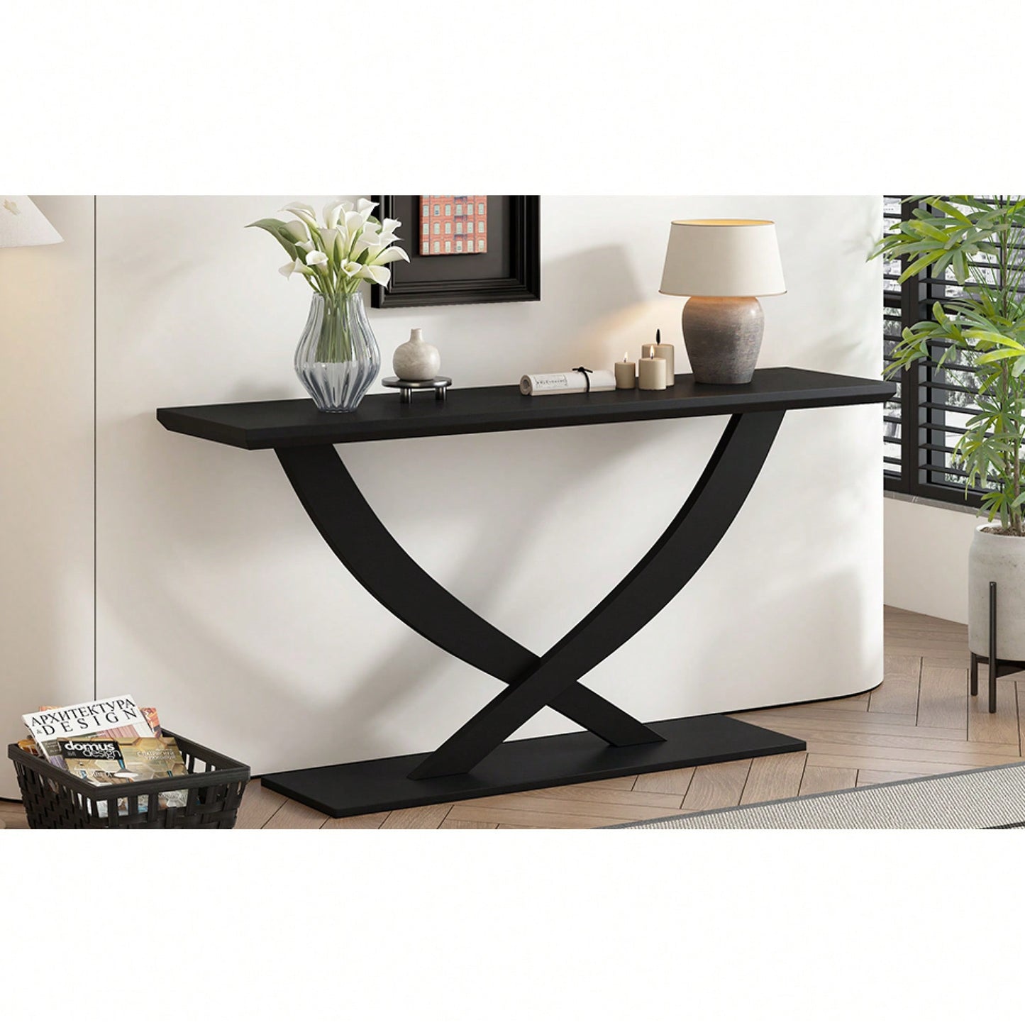 Modern Rustic Cross-Leg Console Table For Living Room Or Bedroom With Sturdy Construction And Ample Surface Space