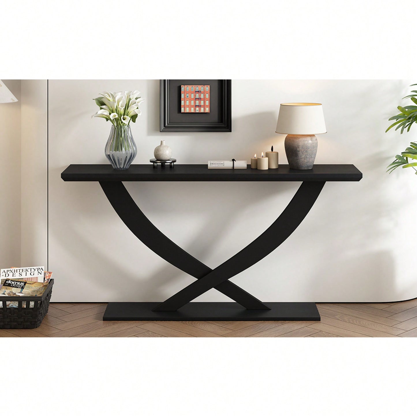 Modern Rustic Cross-Leg Console Table For Living Room Or Bedroom With Sturdy Construction And Ample Surface Space