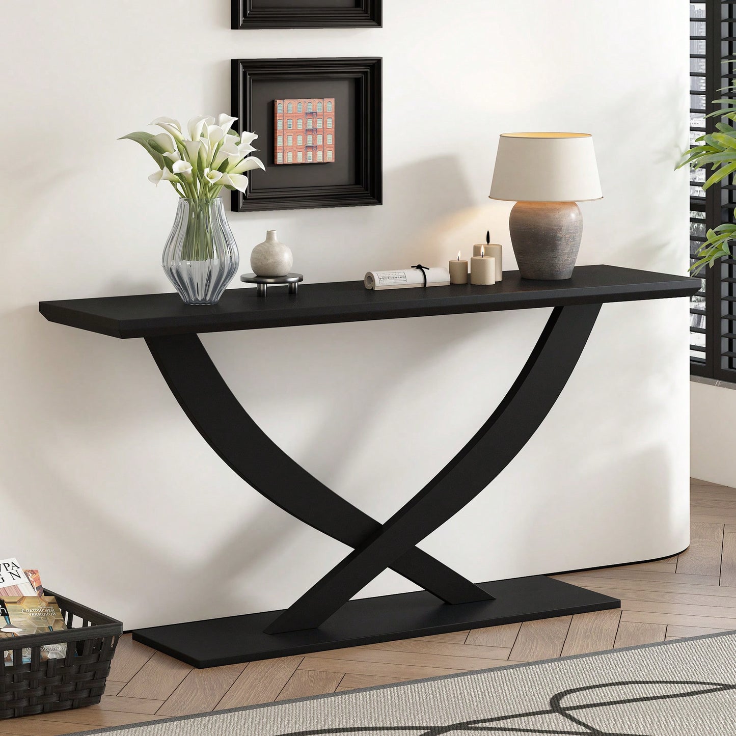Modern Rustic Cross-Leg Console Table For Living Room Or Bedroom With Sturdy Construction And Ample Surface Space