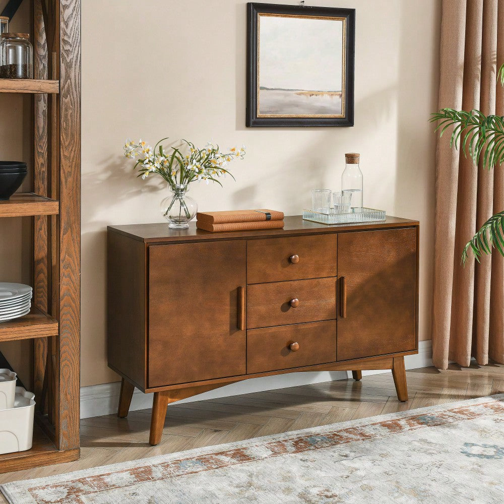 Mid Century Modern 47.3 Inch Sideboard Buffet Cabinet With 2 Doors And 3 Drawers For Kitchen Dining Living Room Bedroom Walnut Finish