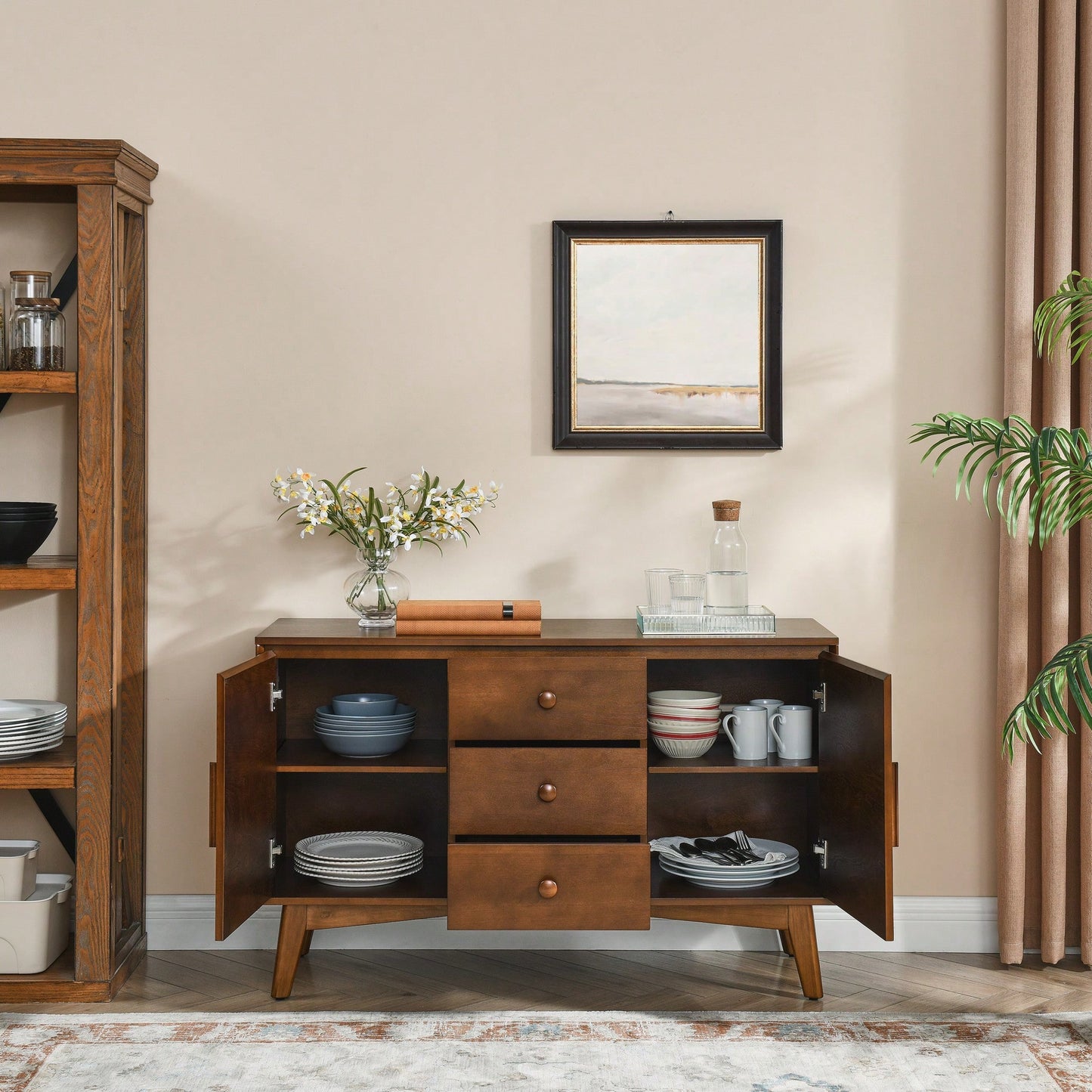 Mid Century Modern 47.3 Inch Sideboard Buffet Cabinet With 2 Doors And 3 Drawers For Kitchen Dining Living Room Bedroom Walnut Finish