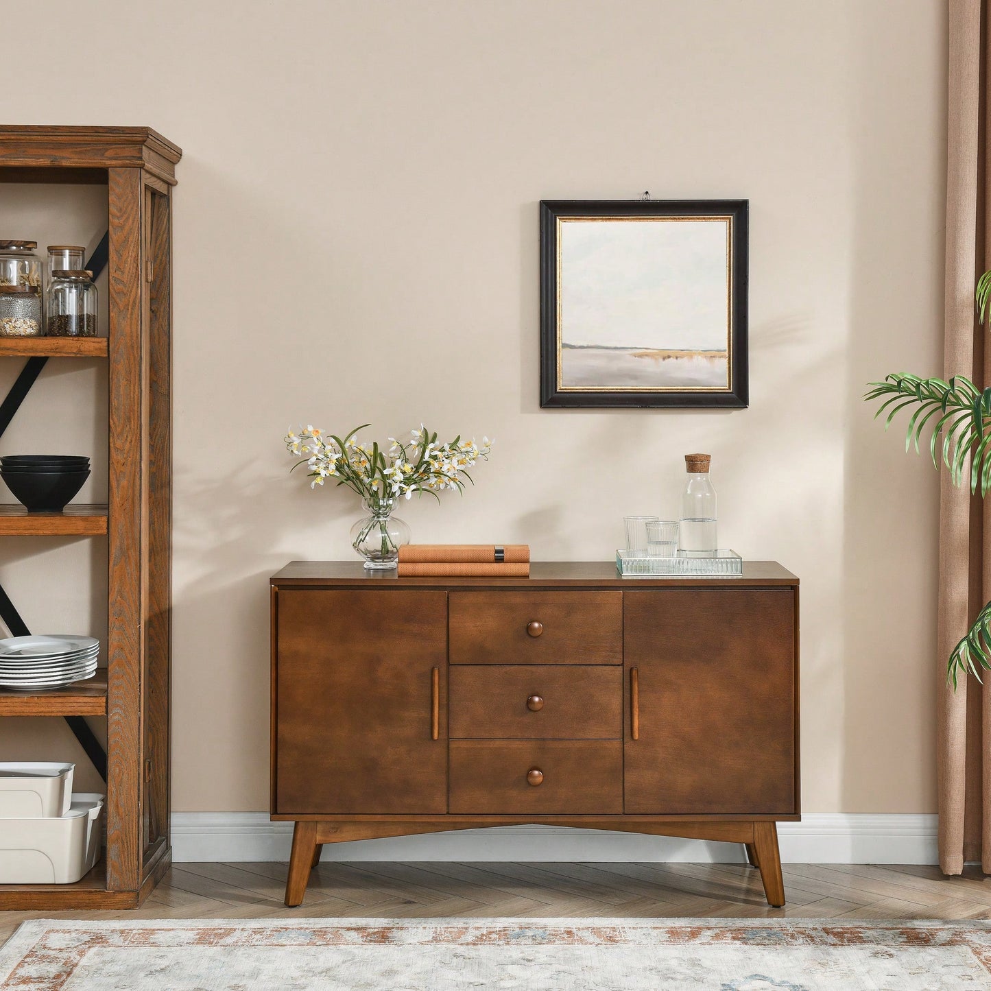 Mid Century Modern 47.3 Inch Sideboard Buffet Cabinet With 2 Doors And 3 Drawers For Kitchen Dining Living Room Bedroom Walnut Finish