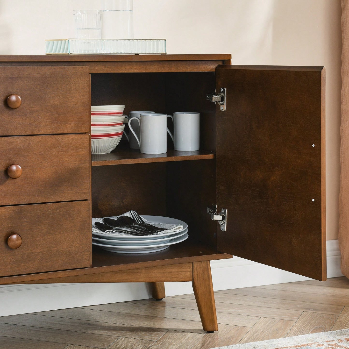 Mid Century Modern 47.3 Inch Sideboard Buffet Cabinet With 2 Doors And 3 Drawers For Kitchen Dining Living Room Bedroom Walnut Finish