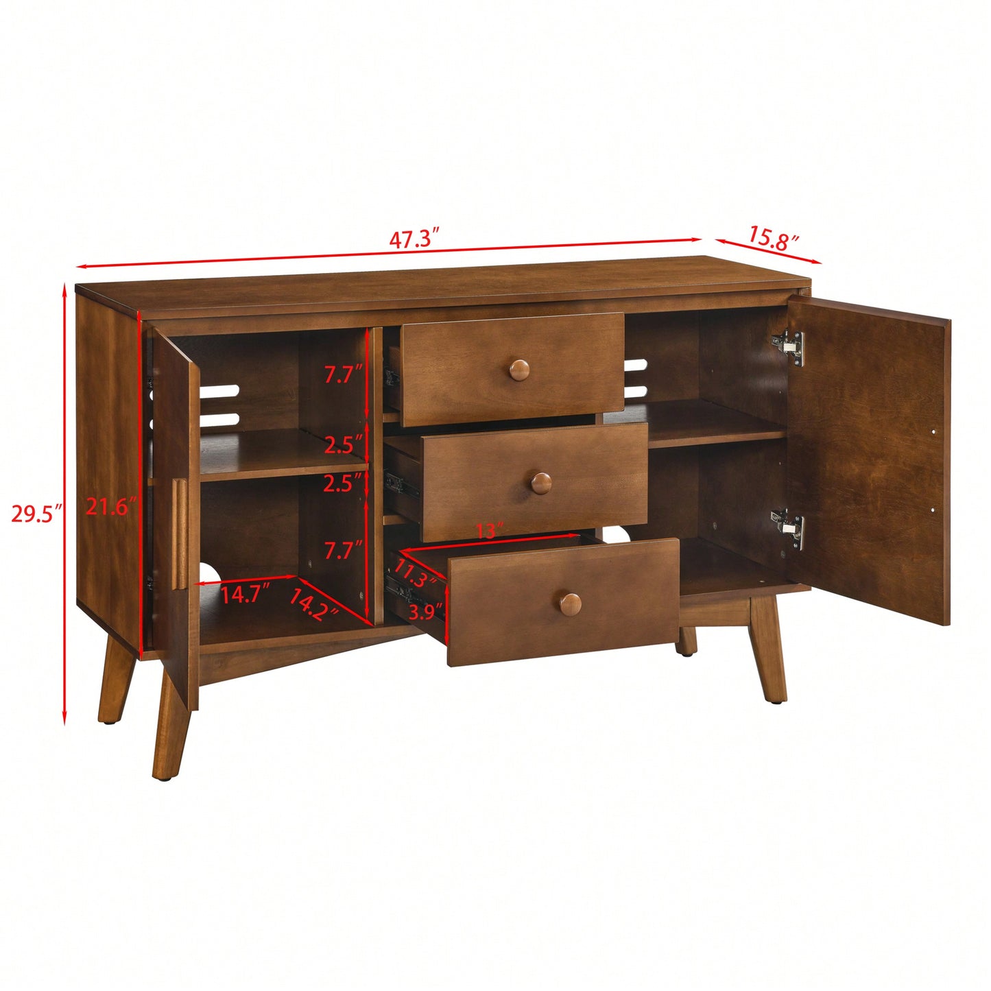 Mid Century Modern 47.3 Inch Sideboard Buffet Cabinet With 2 Doors And 3 Drawers For Kitchen Dining Living Room Bedroom Walnut Finish