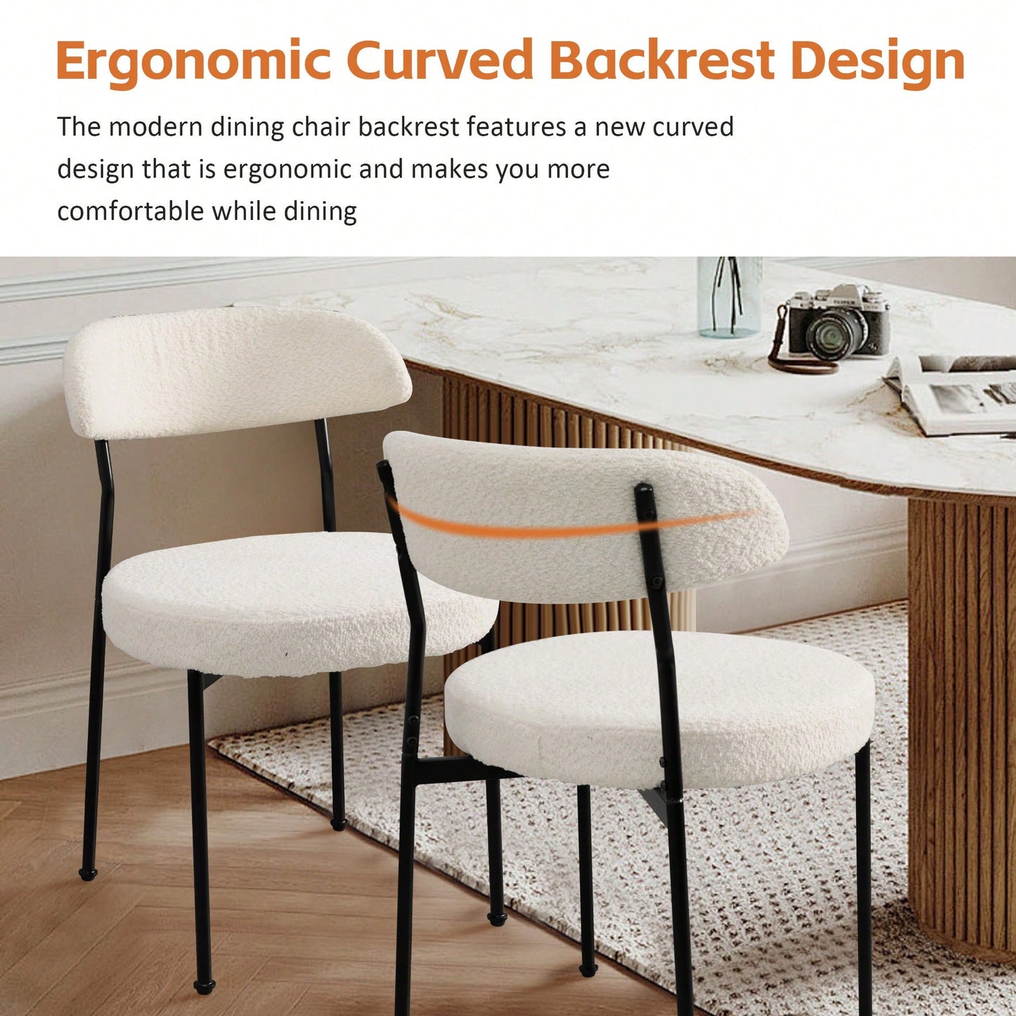 Curved Backrest Upholstered Dining Chairs With Metal Legs Set Of 2 In Beige