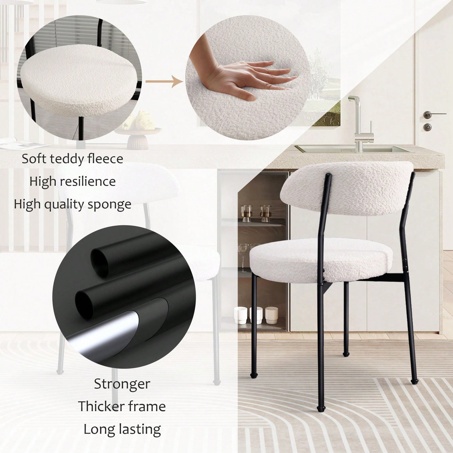 Curved Backrest Upholstered Dining Chairs With Metal Legs Set Of 2 In Beige