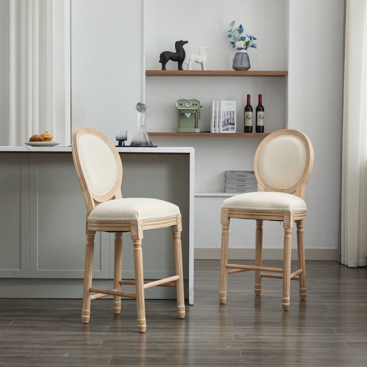 Classic French Country Solid Wood Bar Stools Set Of 2 With Upholstered Seats For Kitchen Or Dining Room