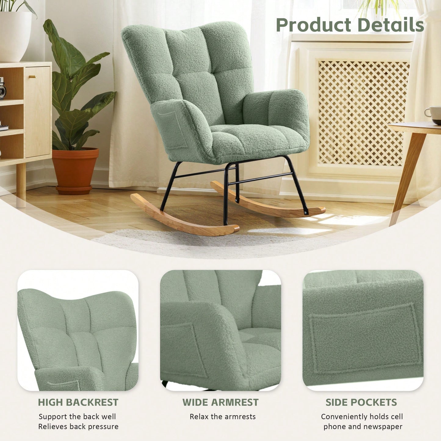 Modern Light Green Rocking Accent Chair For Nursery Living Room And Bedroom