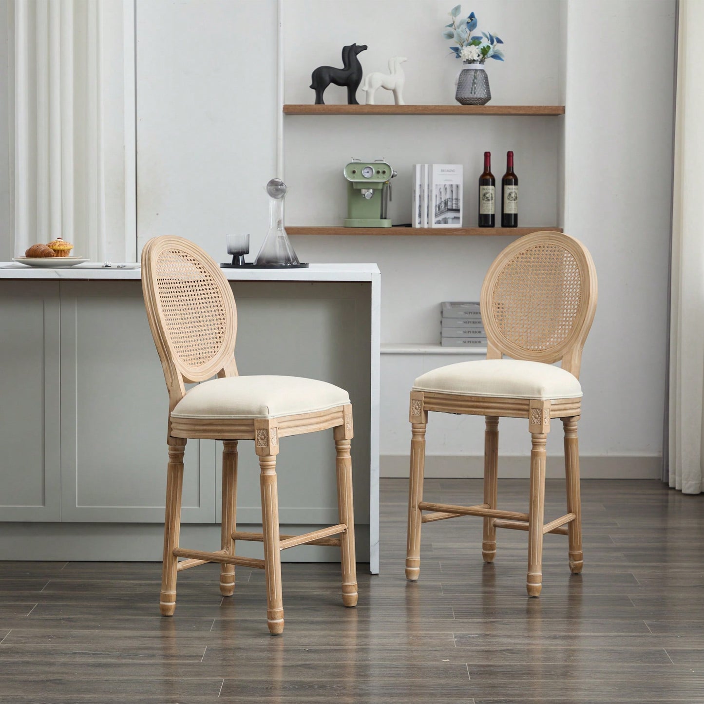 Classic French Country Solid Wood Bar Stools Set Of 2 With Upholstered Seating For Kitchen Counter Beige Rattan