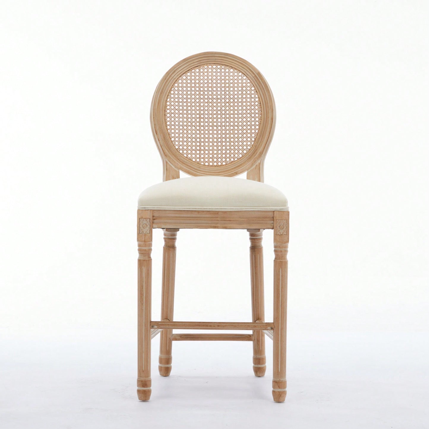 Classic French Country Solid Wood Bar Stools Set Of 2 With Upholstered Seating For Kitchen Counter Beige Rattan