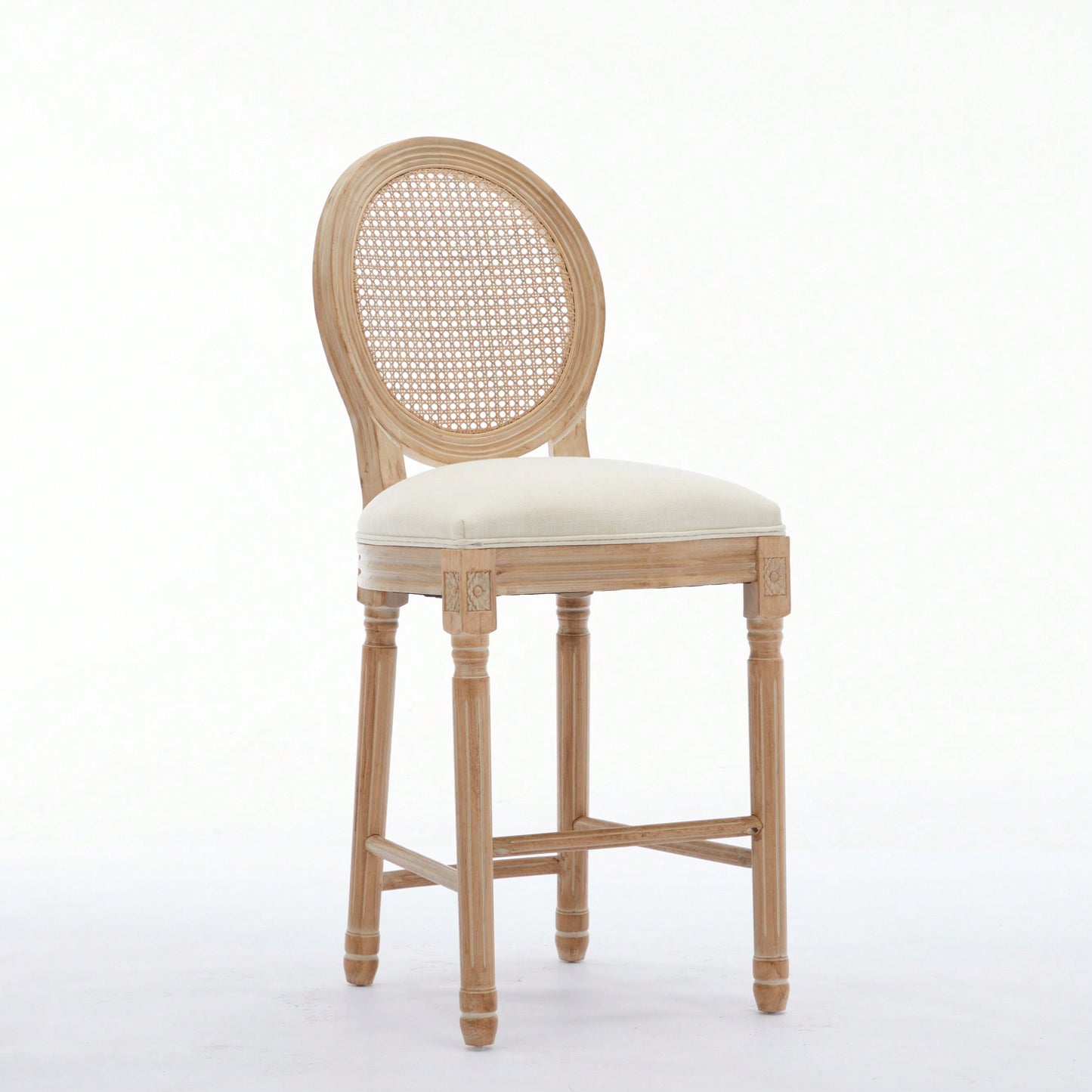 Classic French Country Solid Wood Bar Stools Set Of 2 With Upholstered Seating For Kitchen Counter Beige Rattan
