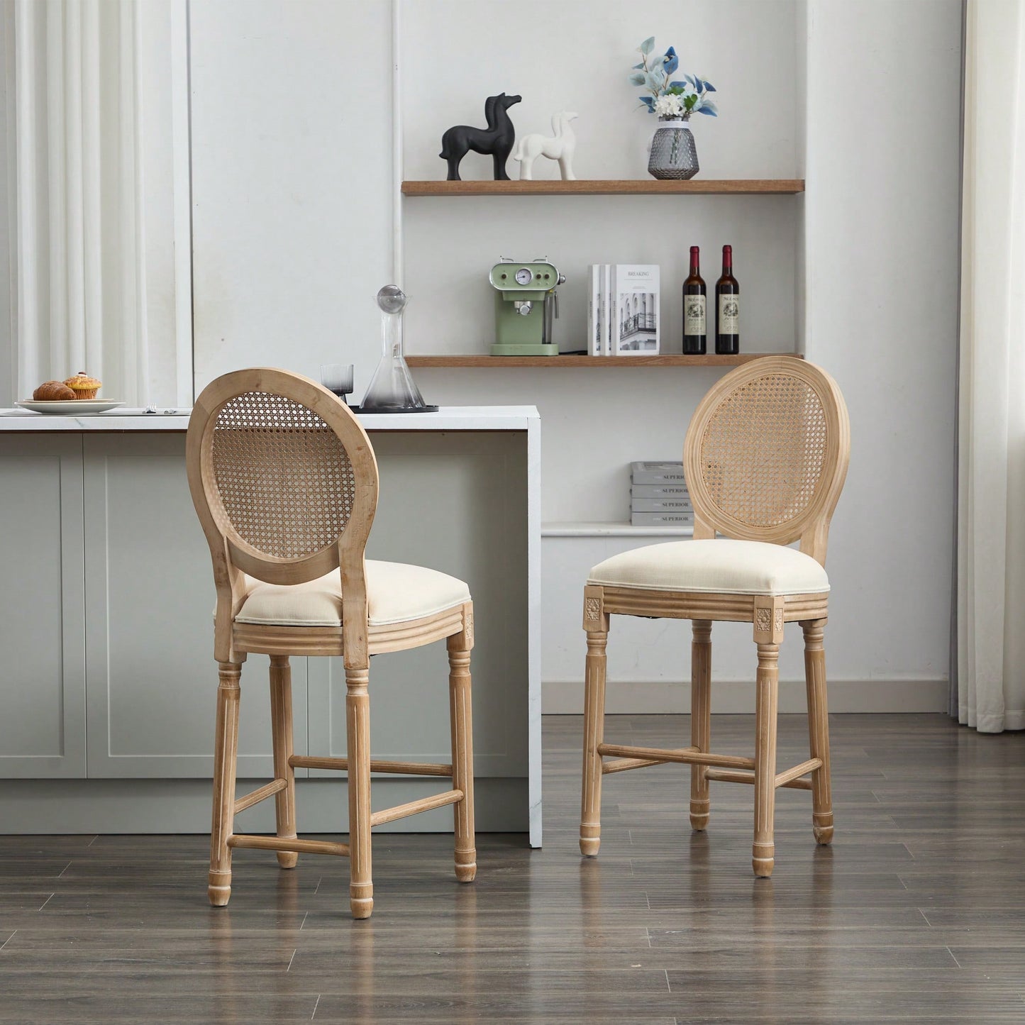 Classic French Country Solid Wood Bar Stools Set Of 2 With Upholstered Seating For Kitchen Counter Beige Rattan