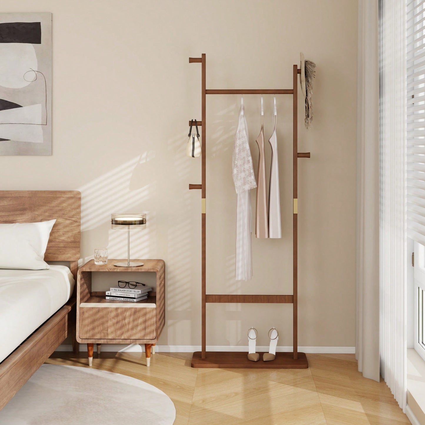 Solid Wood Coat Rack Hanger 23.6x11x64.1in Friendly Stylish Design For Bedroom Entrance Living Room Walnut Finish